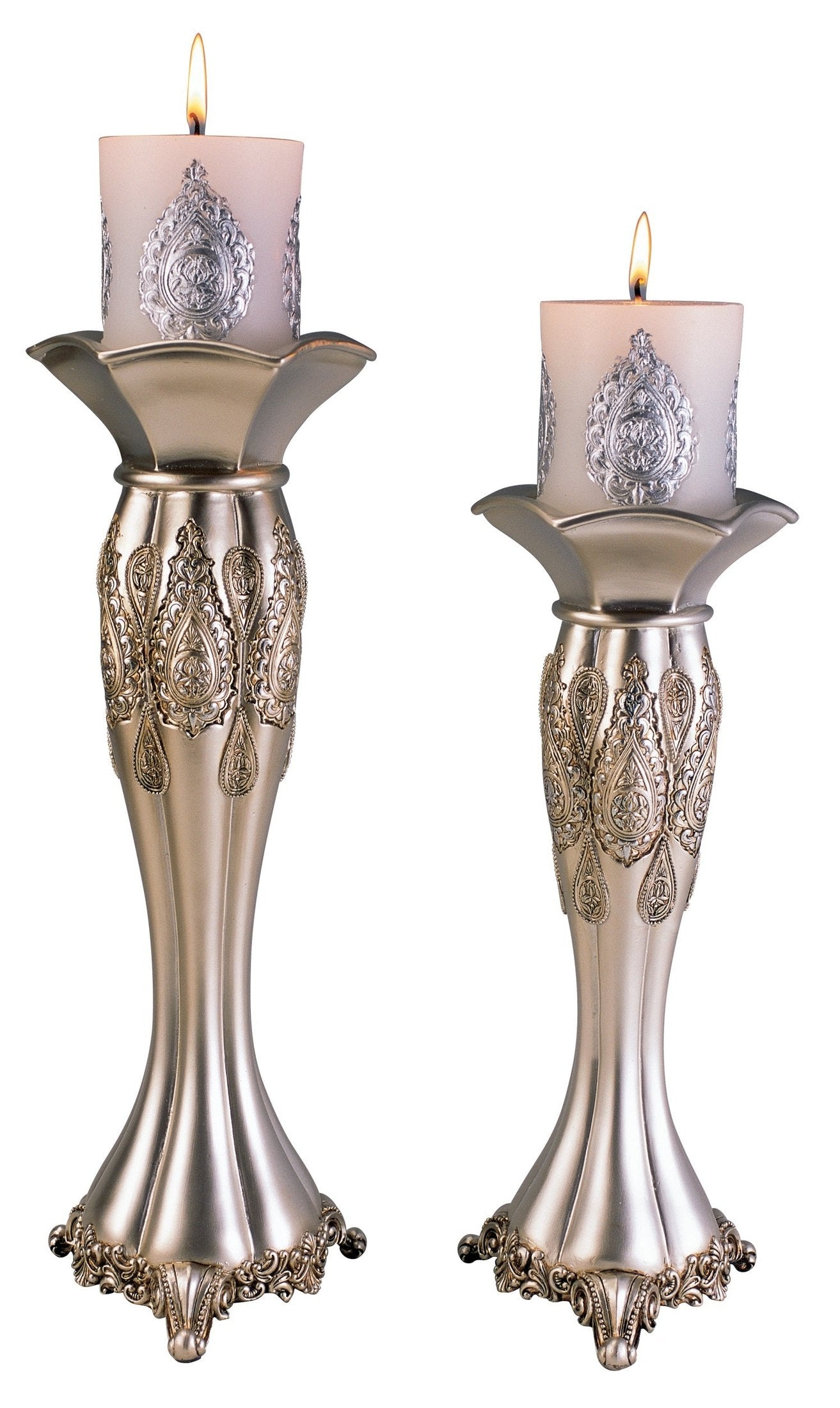 12' and 14' Tall Polyresin Candleholder, Silver Royal design (Set of 2)