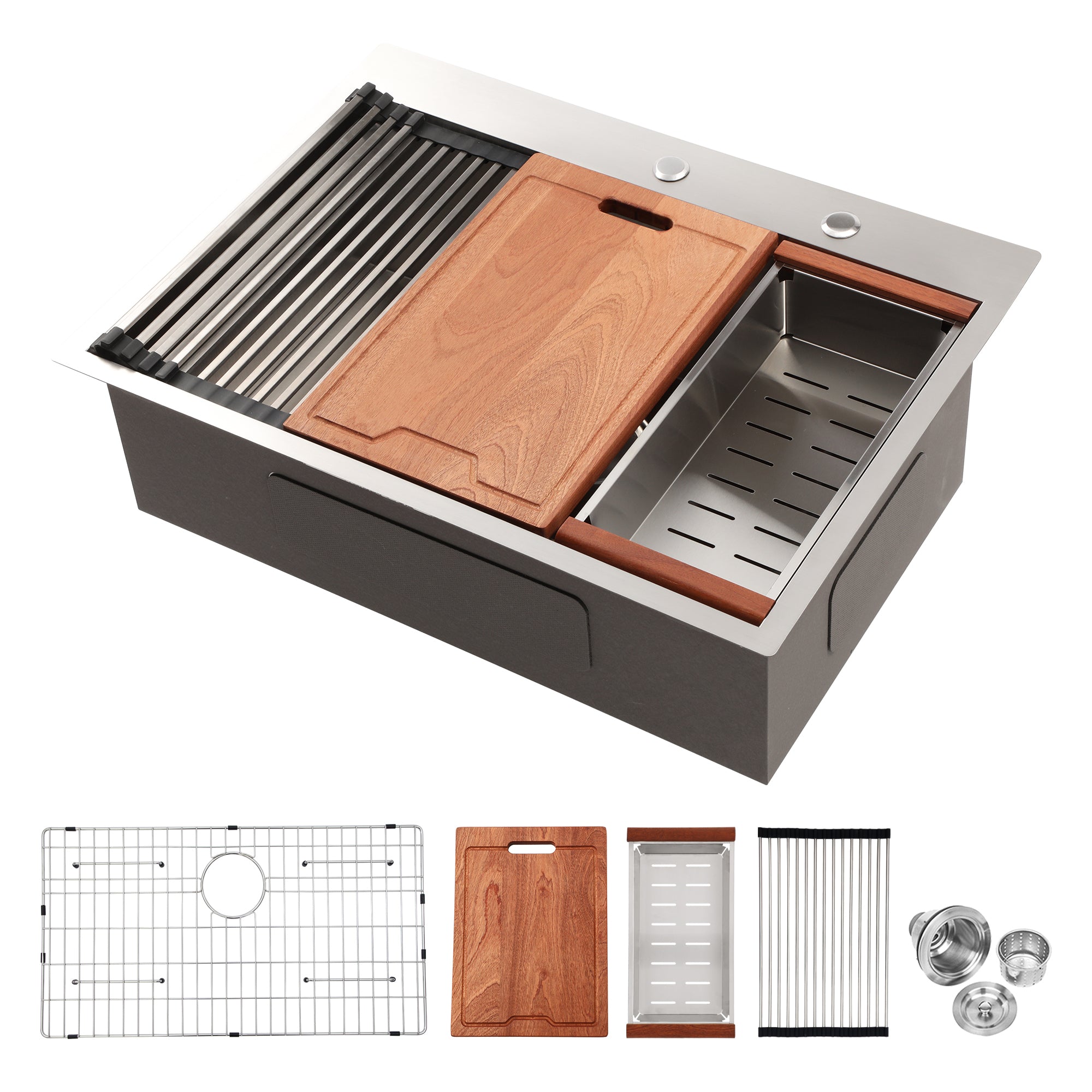 Brushed Nickel 30 Inch Drop-in Kitchen Sink with Workstation Features, 16 Gauge Stainless Steel