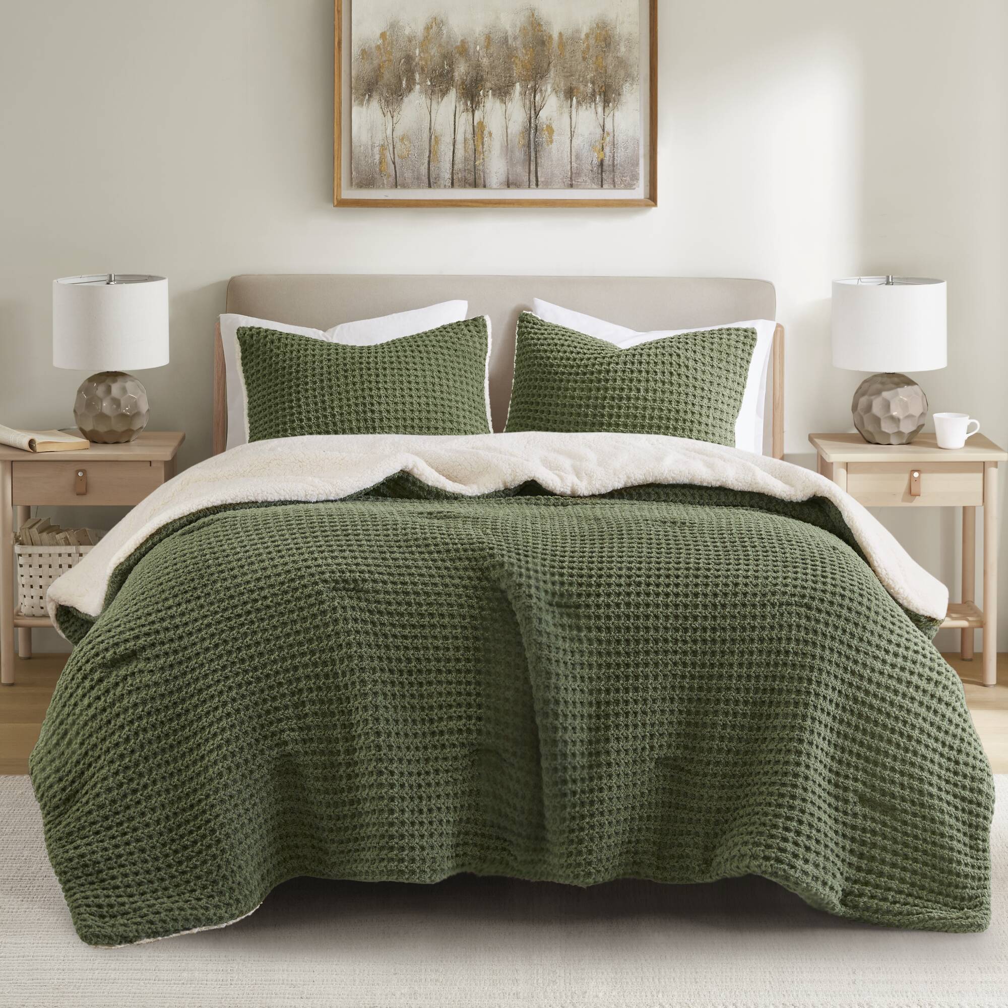 2 Pieces Twin Waffle Knit Chenille Comforter Set,Olive