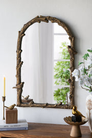 24x1.5x34' Arched Magnesian Wall Mirror with Gold Botanical and Bird Motifs