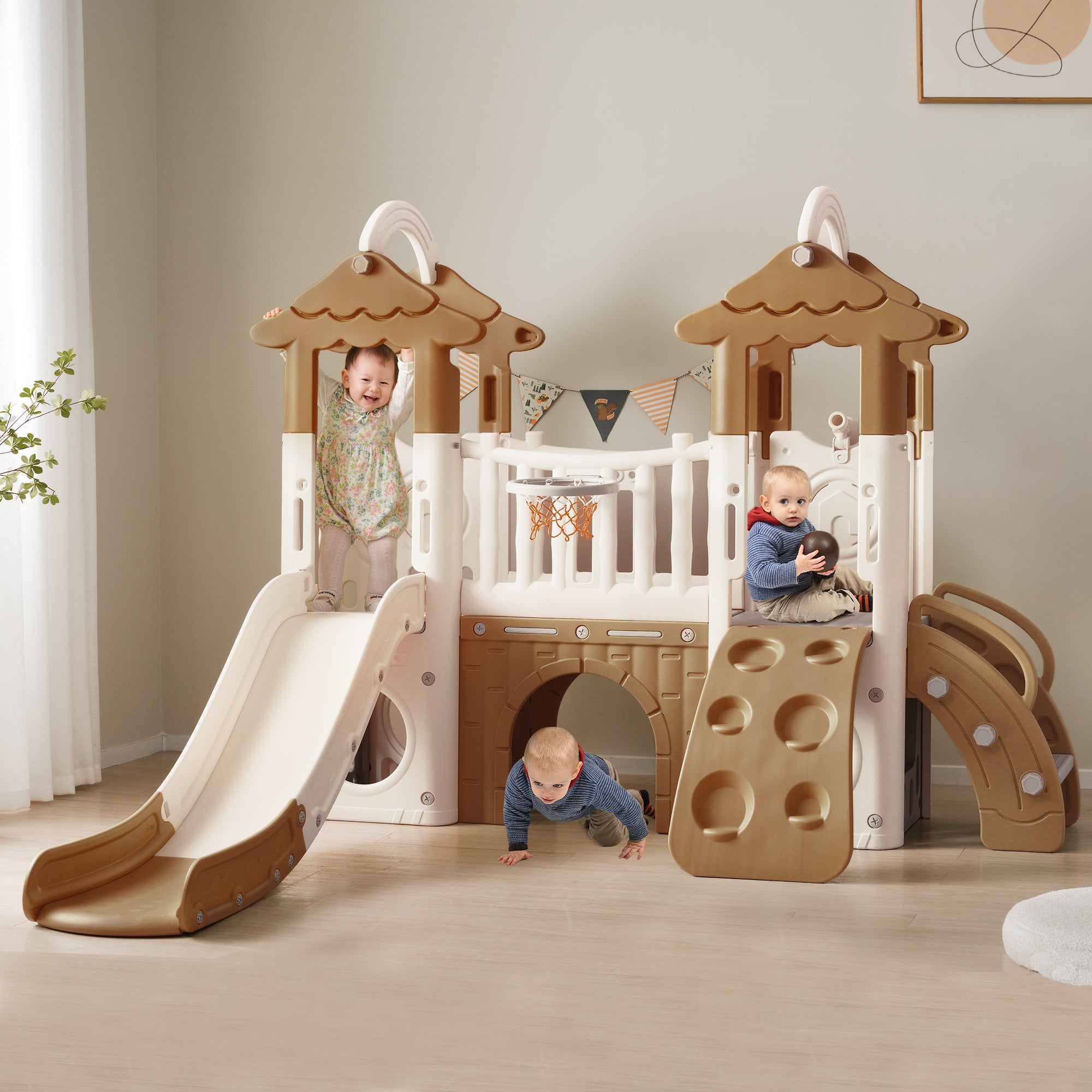 8-1 Toddler Climber and Slide Set,Kids Slide for Toddlers Age 1+, Kids Playground Climber Freestanding Slide Playset with Basketball Hoop, Play Combination for Babies,Indoor& Outdoor