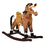 Qaba Kids Metal Plush Ride-On Rocking Horse Chair Toy with Realistic Sounds in Dark Brown and White