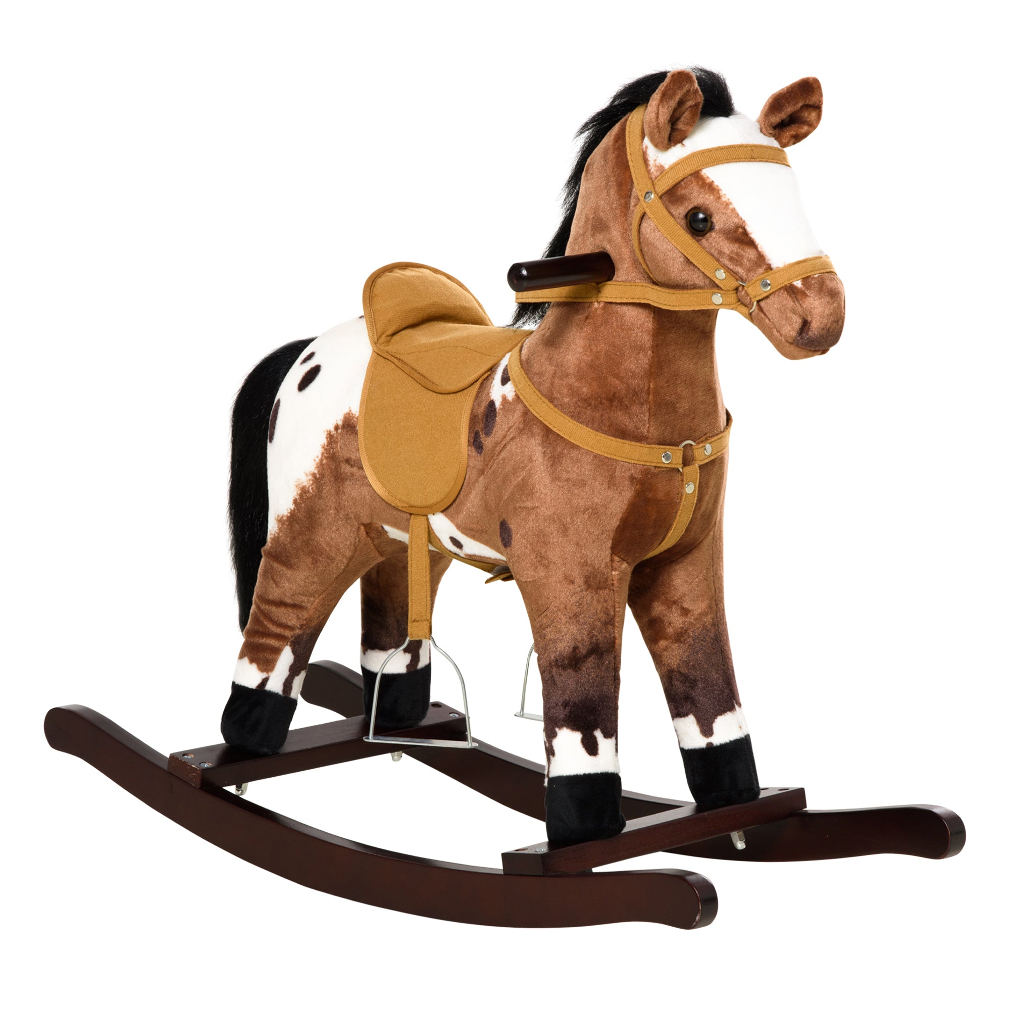 Qaba Kids Metal Plush Ride-On Rocking Horse Chair Toy with Realistic Sounds in Dark Brown and White