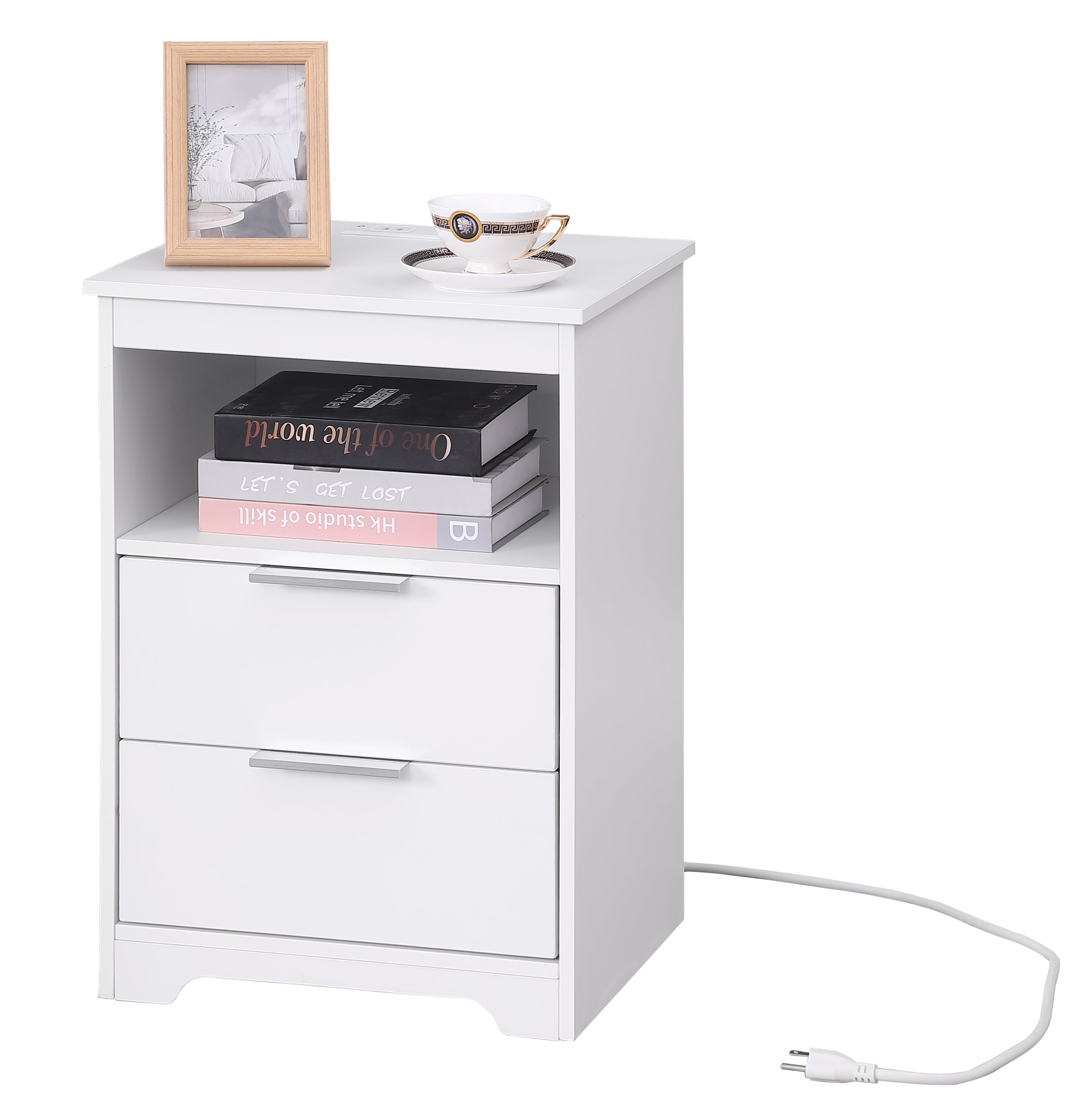 Nightstand with Charging Station,End Table with 2 Drawers,Wooden End Table with Drawer and Opening Shelf,Side Table for Bedroom, White