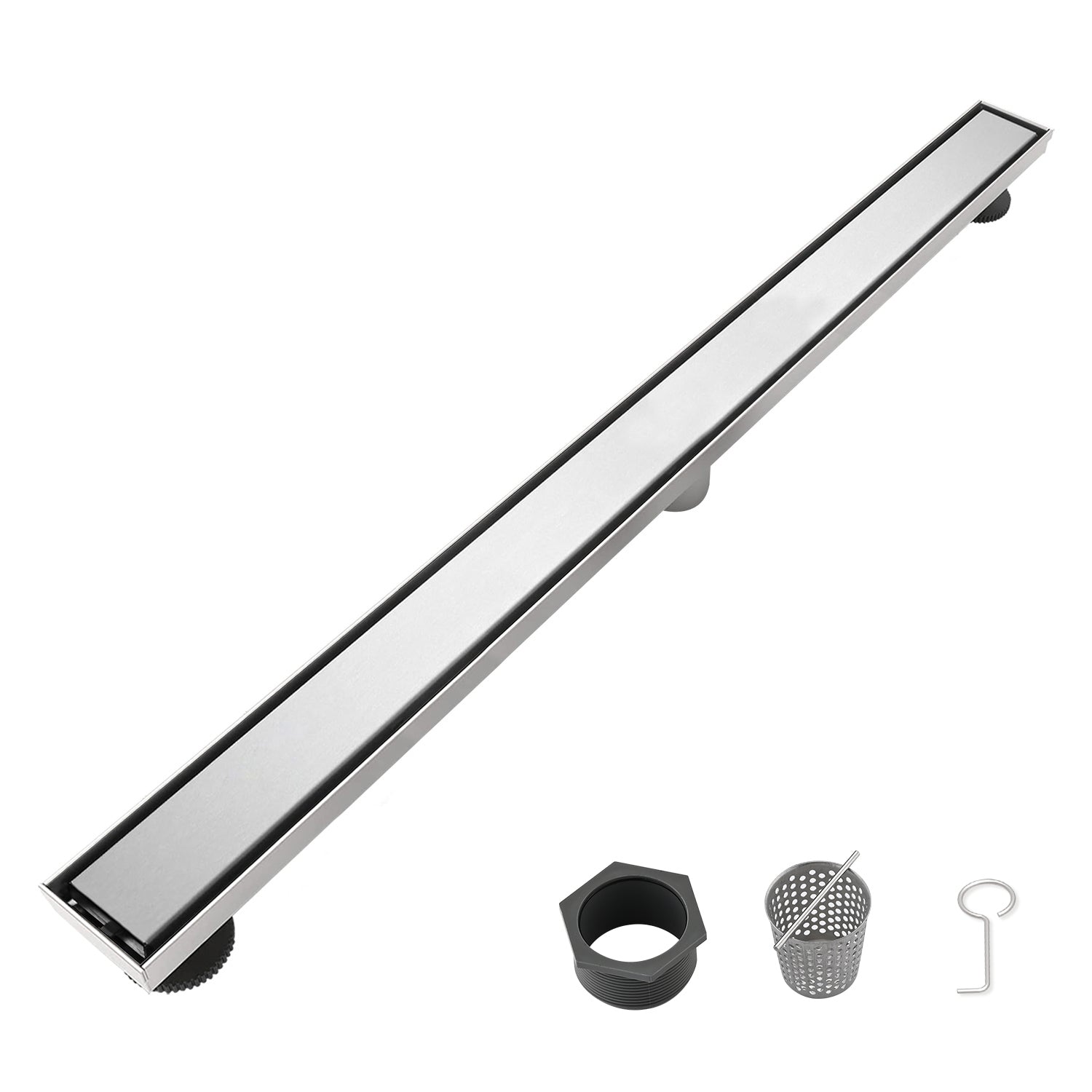 30 Inch Linear Shower Drain with Removable Cover, 304 Stainless Steel Shower Floor Drain with Hair Strainer and Leveling Feet