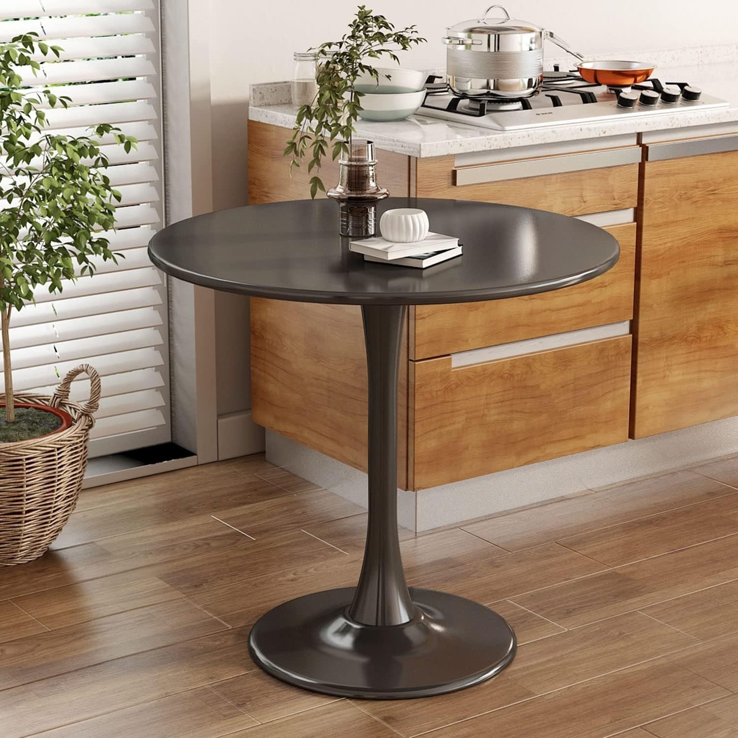Black Round Table, Modern Dining Table, MDF Top and Steel Base Tulip Round Kitchen Table, Mid Century Coffee Table for Living Room 24 Inch, Kitchen Table, Oval Dining Table (PRIME BIG DEAL DAYS)