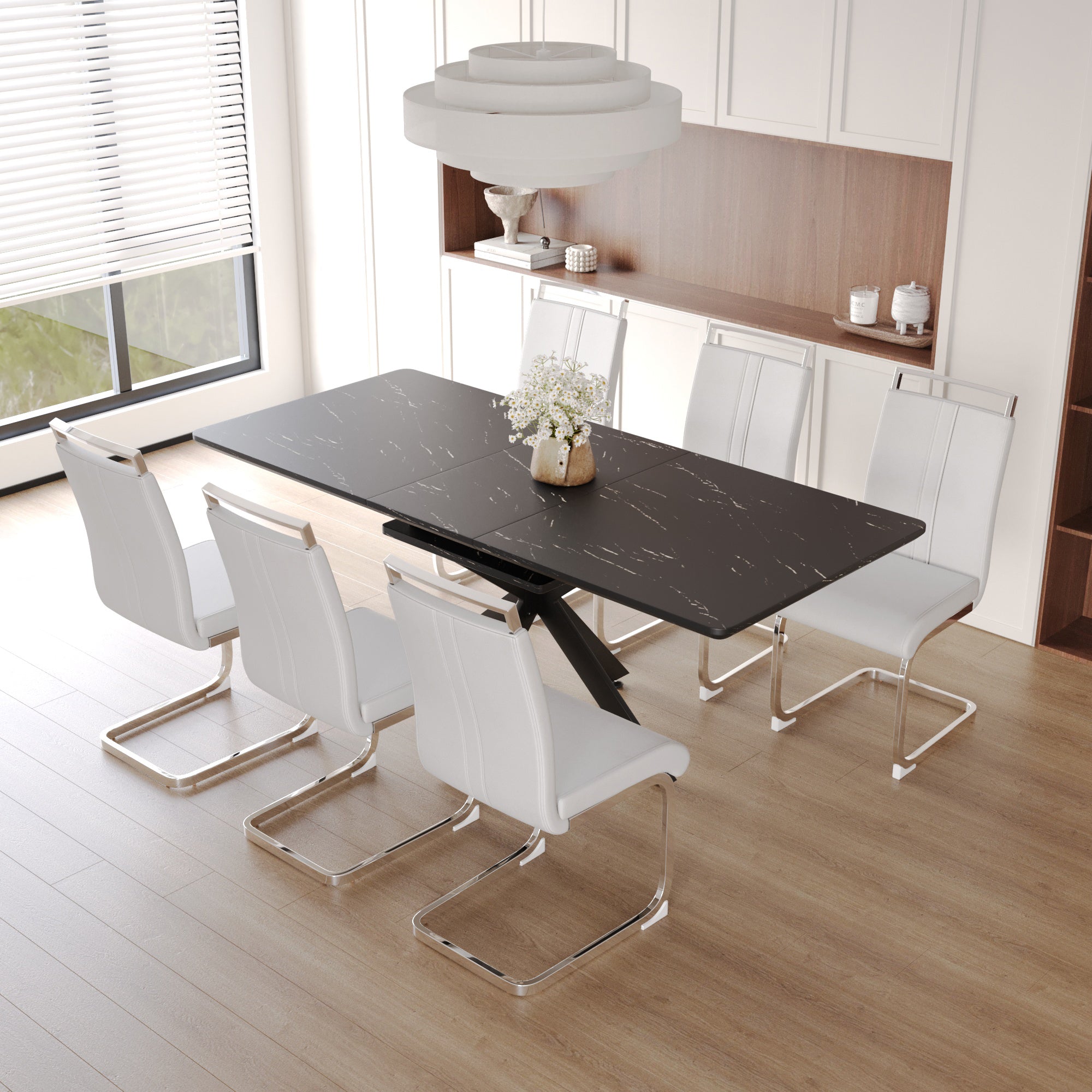 62.4' extendable 78.15' dining Table Set for 6-8 Person for Dining Room,C-shaped Tube Soft padded armless dining chair and Very large Dining Room Table Kitchen Table Chair Set with metal Legs