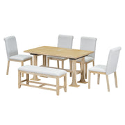 TOPMAX Farmhouse 76inch 6-Piece Extendable Dining Table Set with Trestle Base, Upholstered Chairs & Bench, Natural Wood and Light Gray Fabric