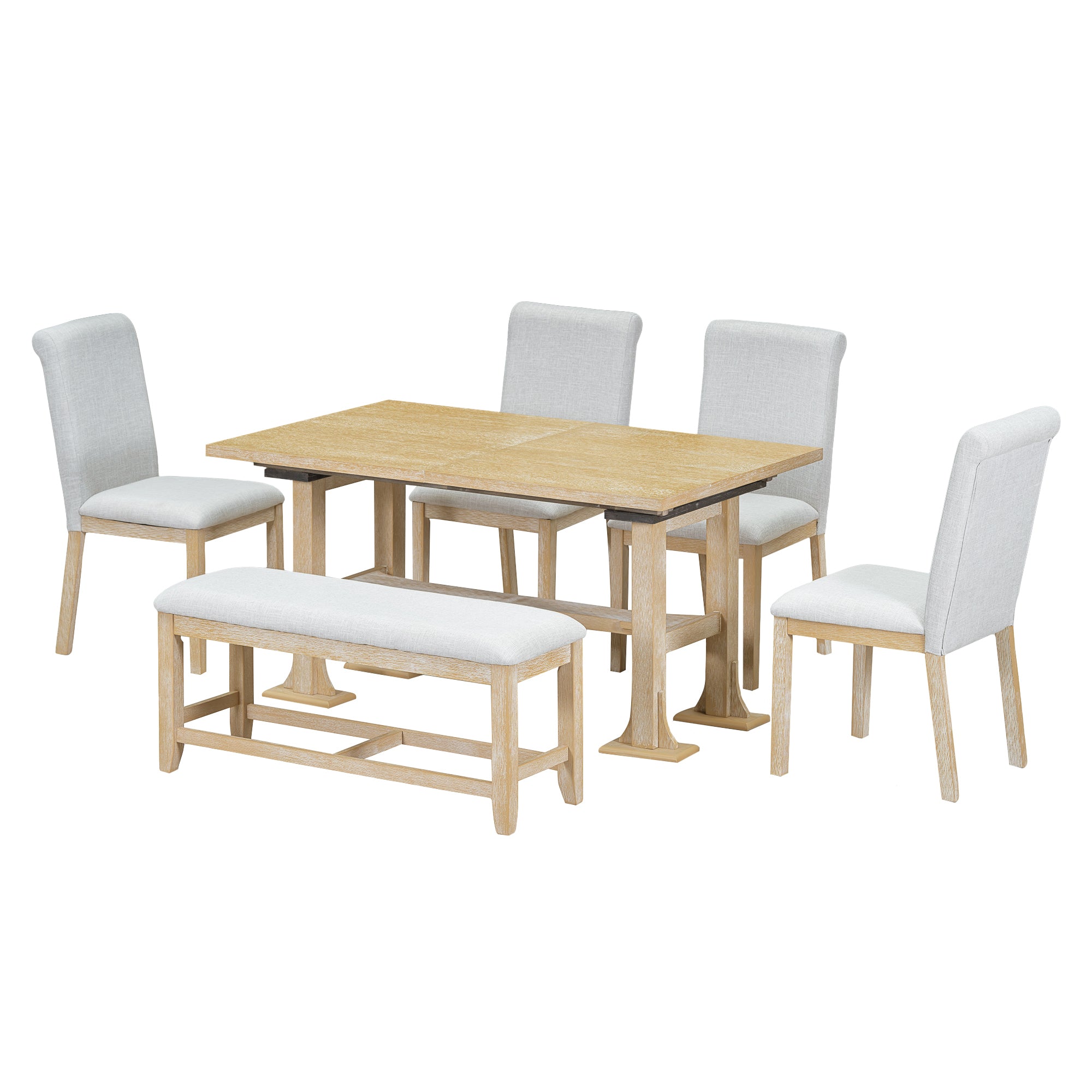 TOPMAX Farmhouse 76inch 6-Piece Extendable Dining Table Set with Trestle Base, Upholstered Chairs & Bench, Natural Wood and Light Gray Fabric