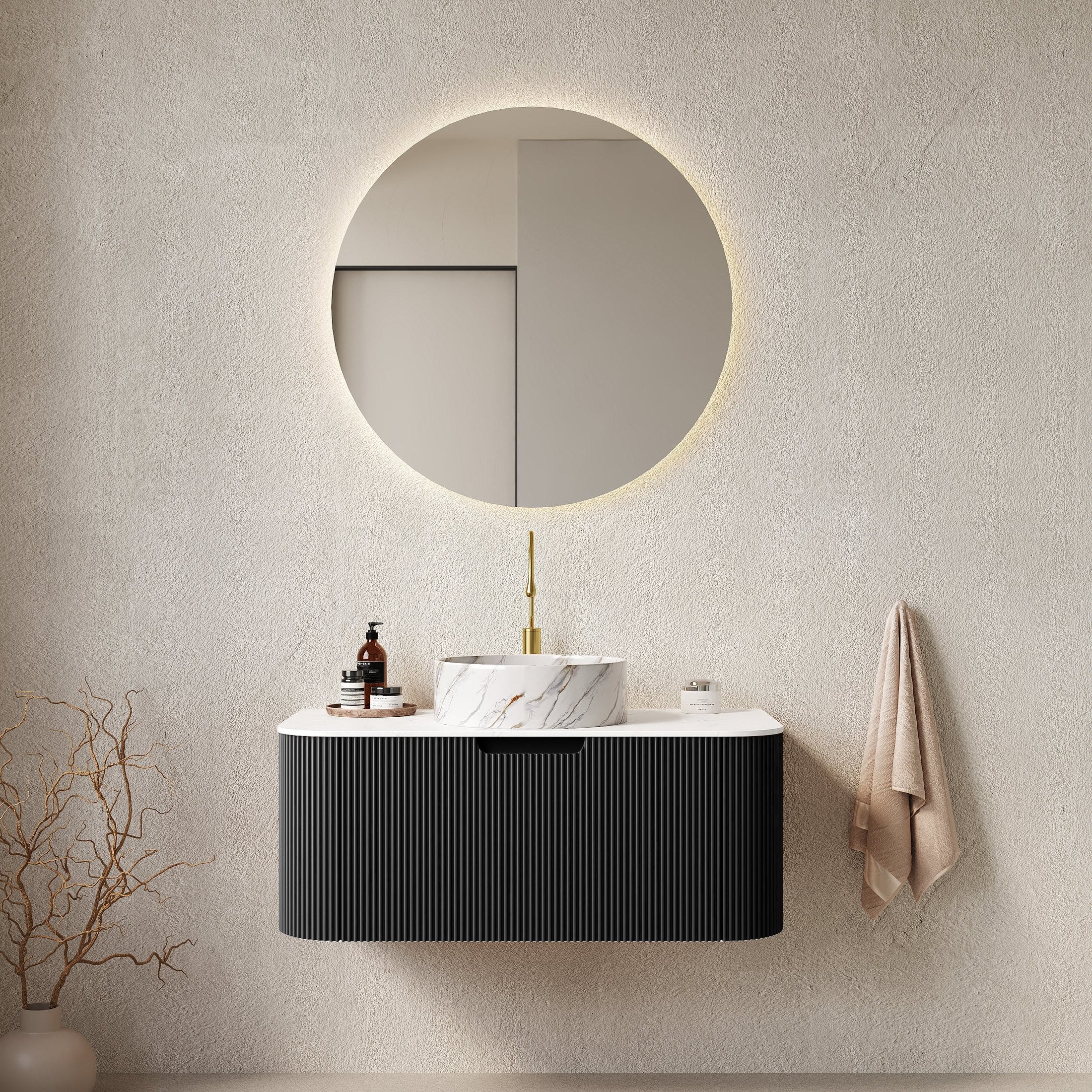 DINA 36' Bathroom Vanity with Sink, Wall-Mounted Floating Curved Edges Striped Bathroom Storage Cabinet with Drawer, White Round Ceramic Basin with Stone Pattern, Pre-assembled, Black Color