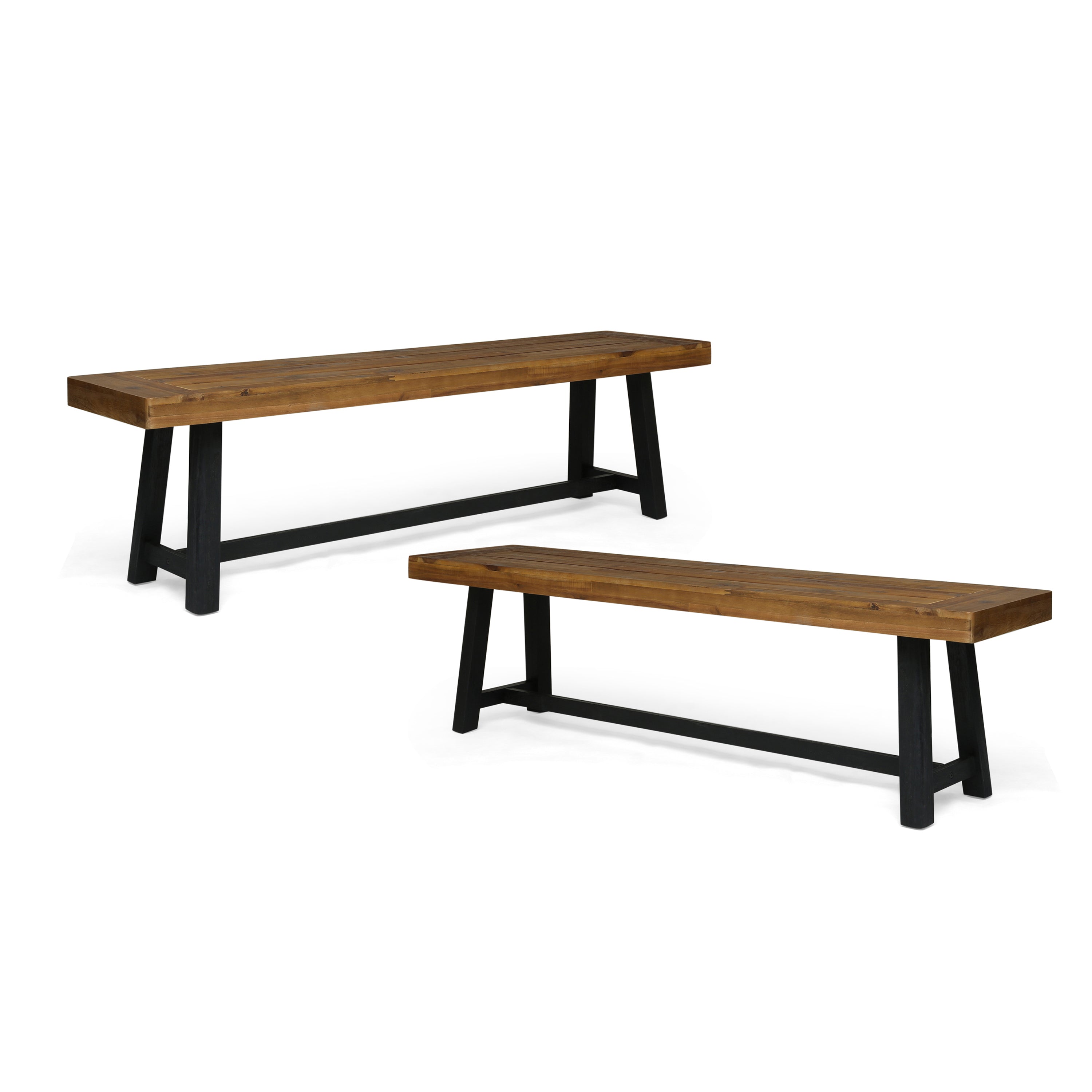 Cloud Outdoor Bench with Acacia Wood Frame and Slat Panel Design, Set of 2,Sandblast Teak Finish and Black