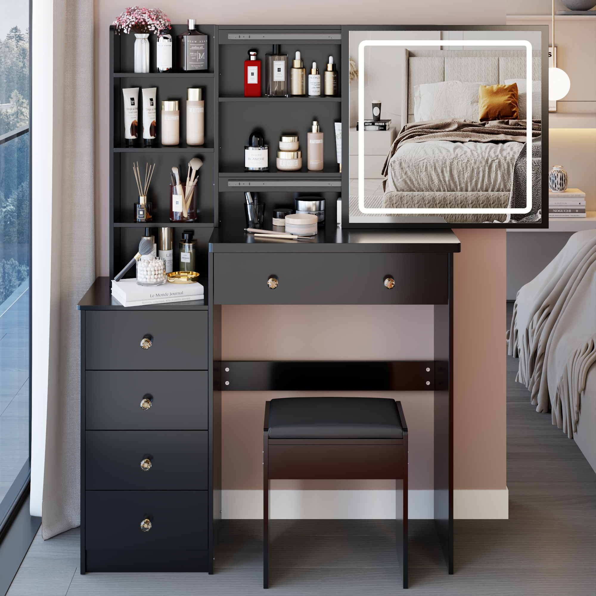 37' Middle Size Left Bedside Cabinet Vanity Table + Cushioned Stool, Large Sliding, Touch Control, Tri-color Switching, Brightness Adjust LED Mirror, High Capacity Storage, Suitable for Middle Space