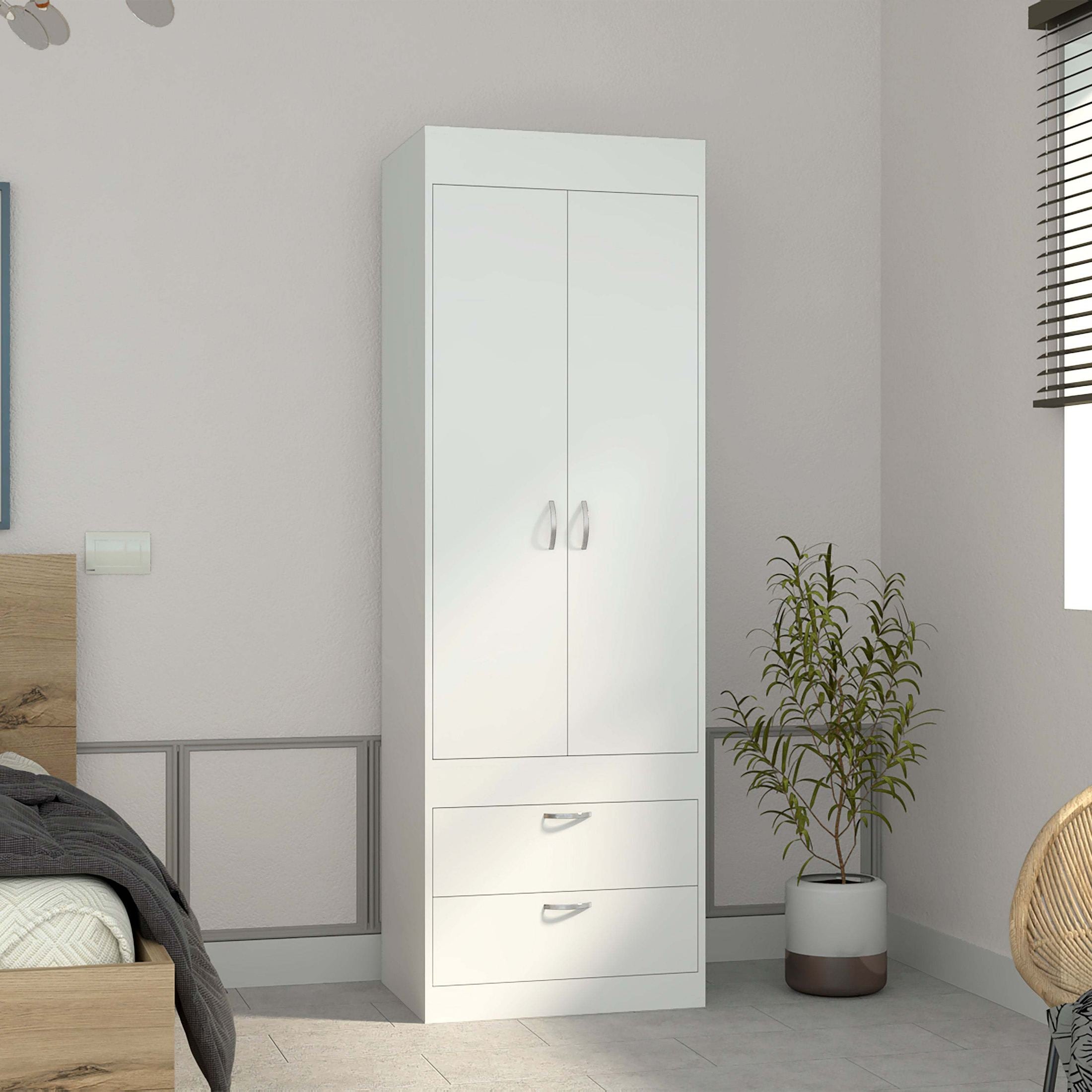 Armoire 70H', Double Door Cabinet, Two Drawers, Metal Handles, Rod, White