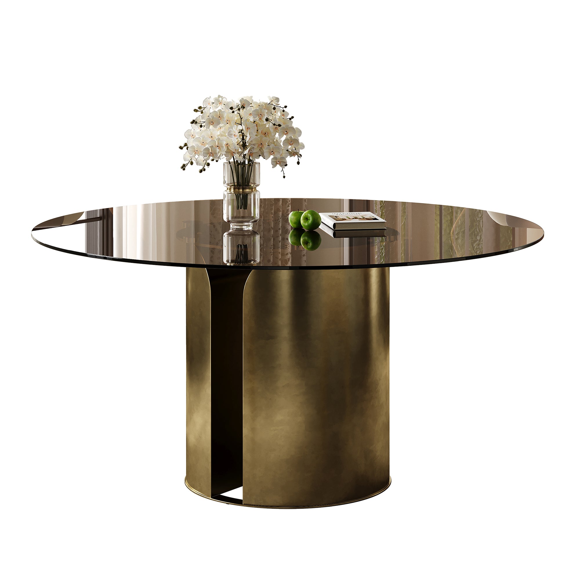 59-inch Round Dining Table with Dark Brown Glass Top and Antique Copper Carbon Steel Base, Modern Kitchen and Living Room Furniture