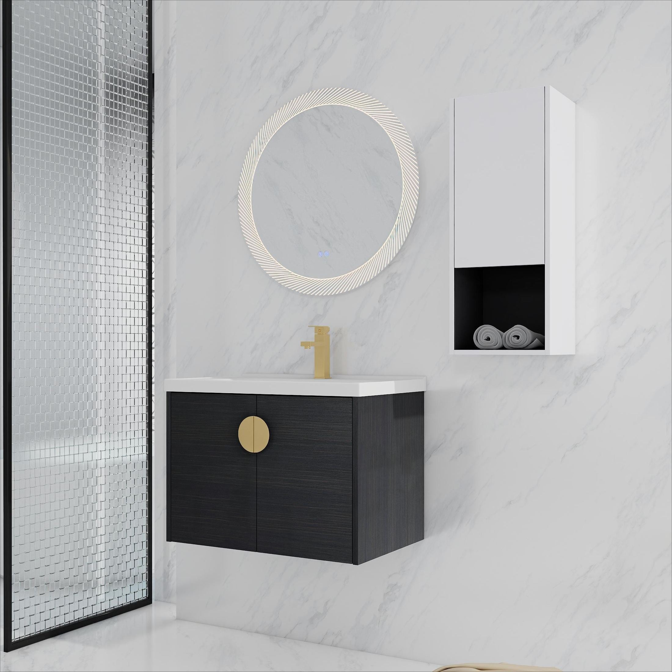 28' Wall-Mounted Bathroom Vanity With Ceramic Sink and Side Cabinet, Soft Close Doors, 00212WHK-06328BCT Combination Cabinet(KD-Packing)