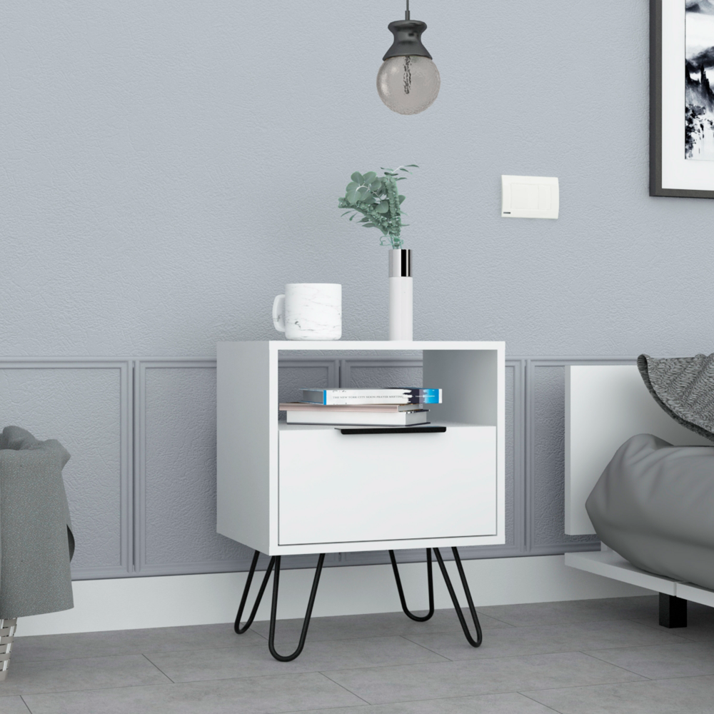 Nightstand 22'H, One Open Shelf, Single Door Cabient, Hairpin Legs, White