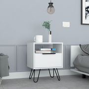Nightstand 22'H, One Open Shelf, Single Door Cabient, Hairpin Legs, White