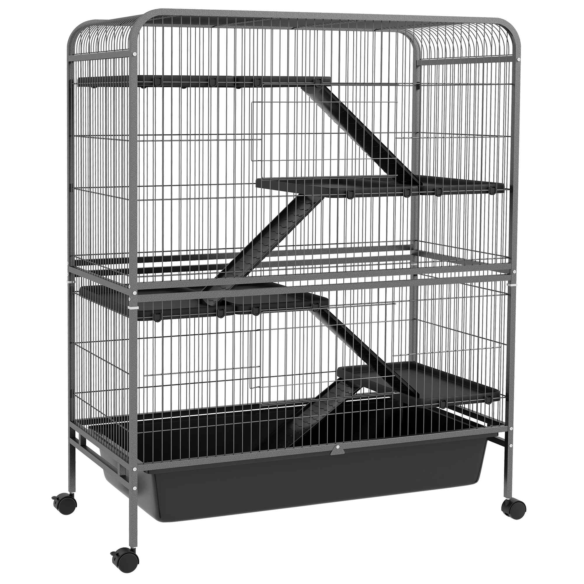 PawHut 53.5' Small Animal Cage, 5-Level Metal Ferret or Bunny Cage with Wheels, Chinchilla Cage with Removable Tray, 2 Front Doors, Ramps, Gray