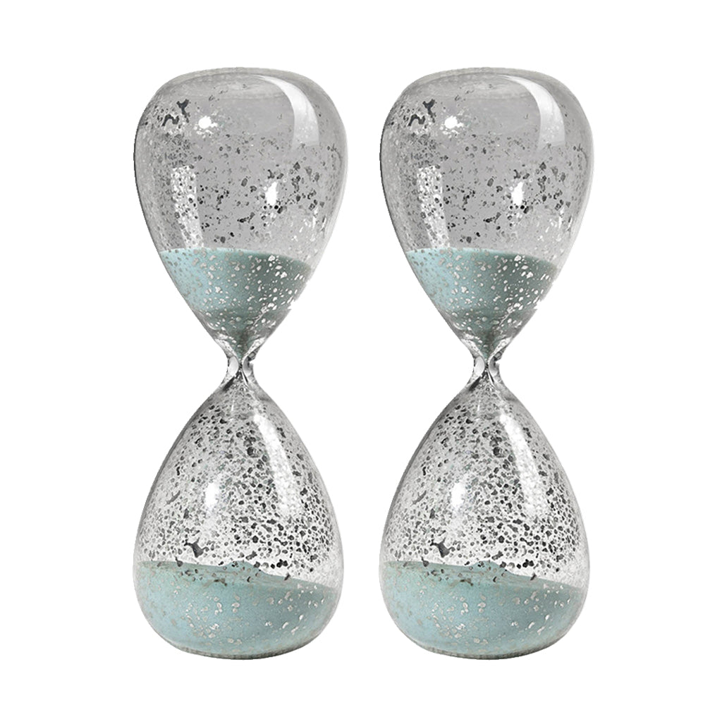 Set of 2, 10' Peleus 60-Minute Silvered Hourglass, Jade Sand
