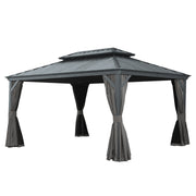 12' X 16' Hardtop Gazebo, Upgraded Metal Gazebo with Drainage System, Dual-Layer Galvanized Steel Roof, Curtain and Netting, Outdoor Shelter Canopy for Patio, Garden, and Backyard, Gray