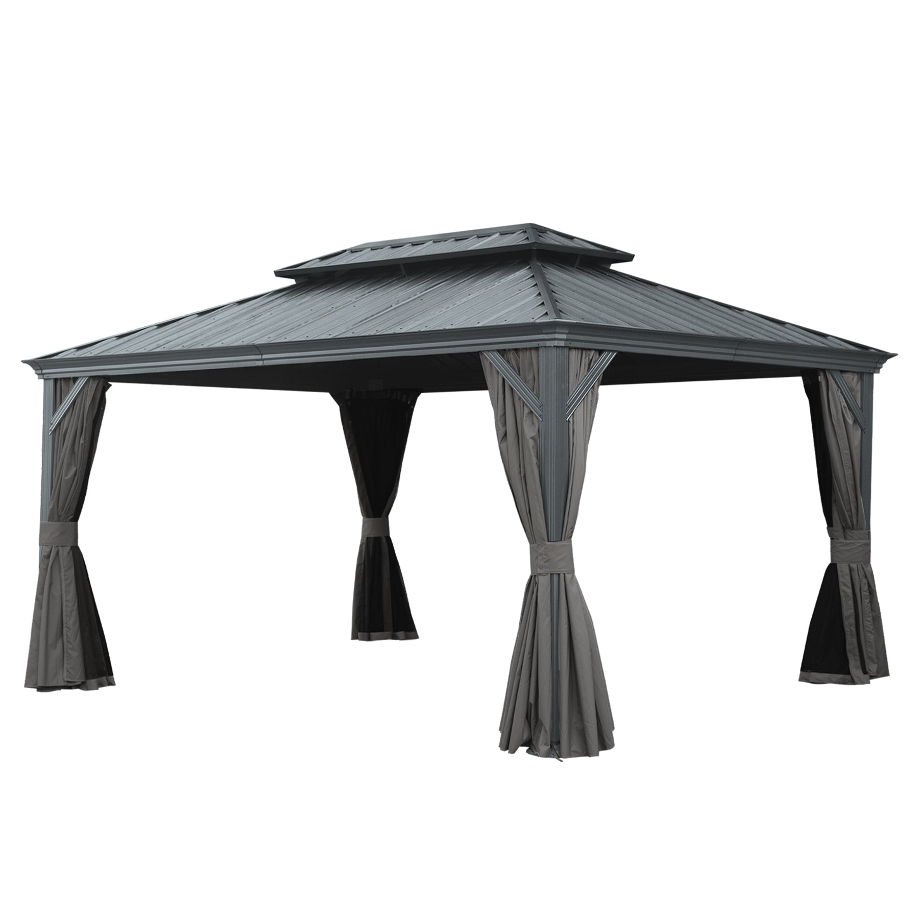 12' X 16' Hardtop Gazebo, Upgraded Metal Gazebo with Drainage System, Dual-Layer Galvanized Steel Roof, Curtain and Netting, Outdoor Shelter Canopy for Patio, Garden, and Backyard, Gray
