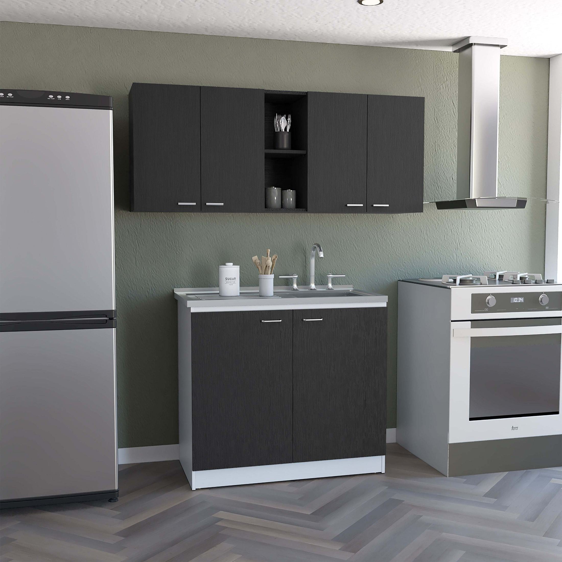 2 Piece Kitchen Set, Olimpo 150 Wall Cabinet  + Salento Utility Sink With Cabinet, Black / White