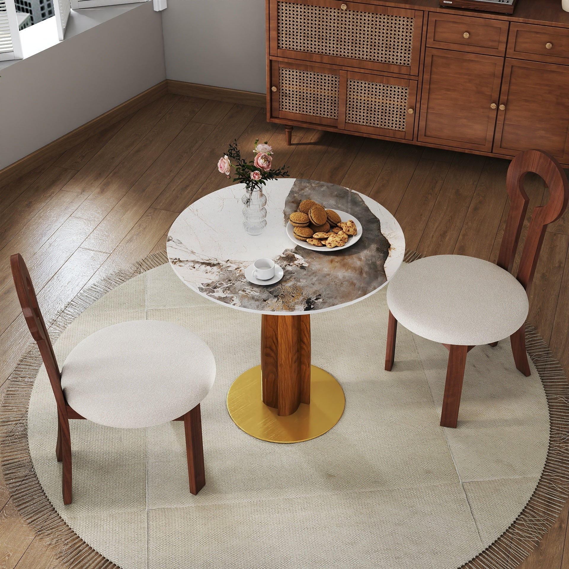 Modern Round Dining Table, 33.5' Sintered Stone Table with Wooden Leg & Gold Base, 2 - Person Kitchen Table for Small Space, 150lbs Weight Capacity(Only the Negotiation Table)