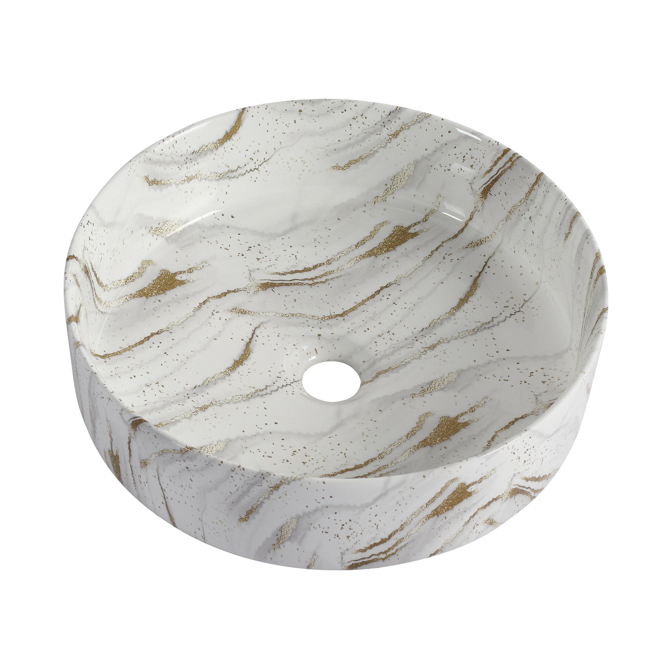 Ceramic Round Above Counter Bathroom Sink Art Basin, White Background With Golden Lines (BAA0014012PP)