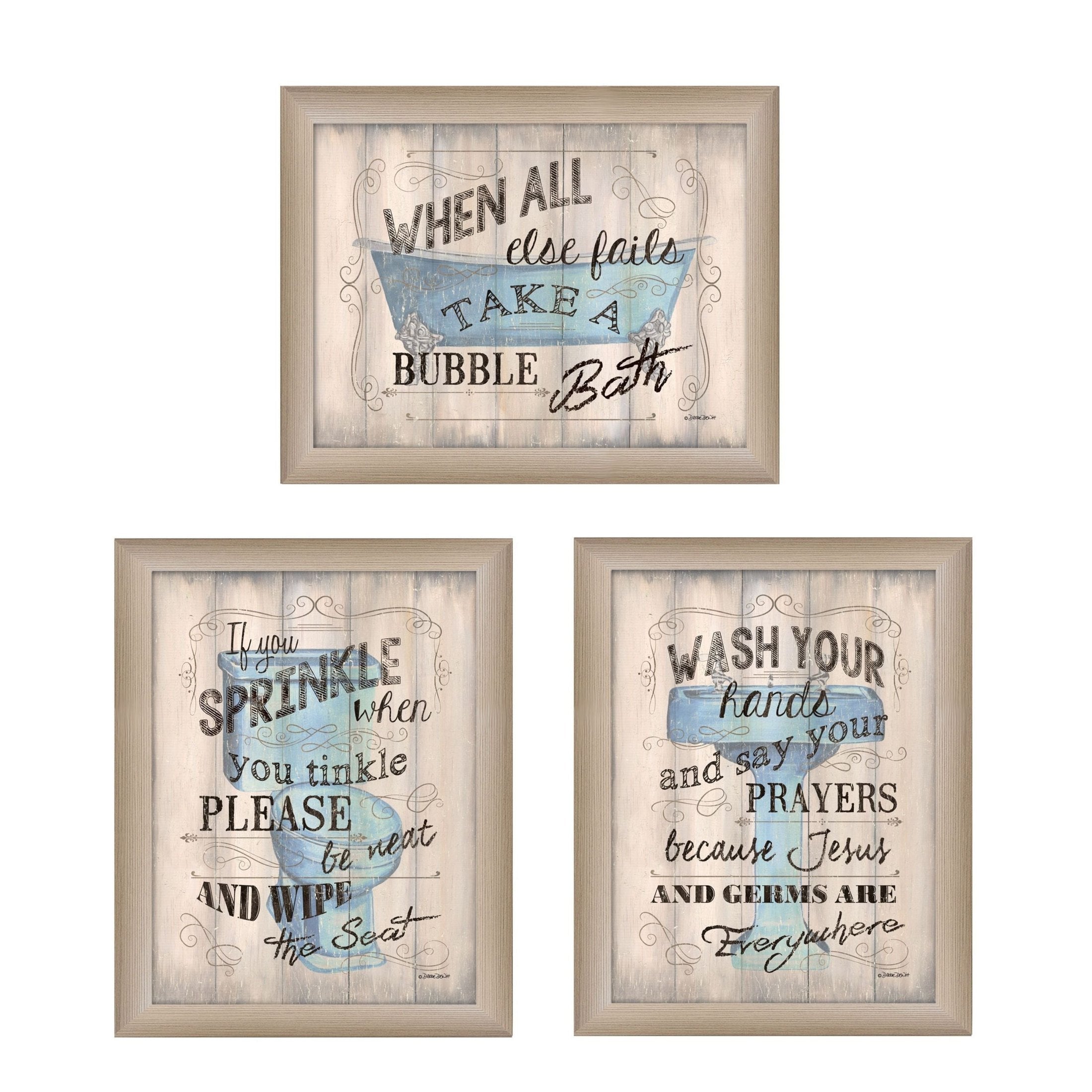 'Bathroom Humor Collection' 3-Piece Vignette By Debbie DeWitt, Printed Wall Art, Ready To Hang Framed Poster, Beige Frame