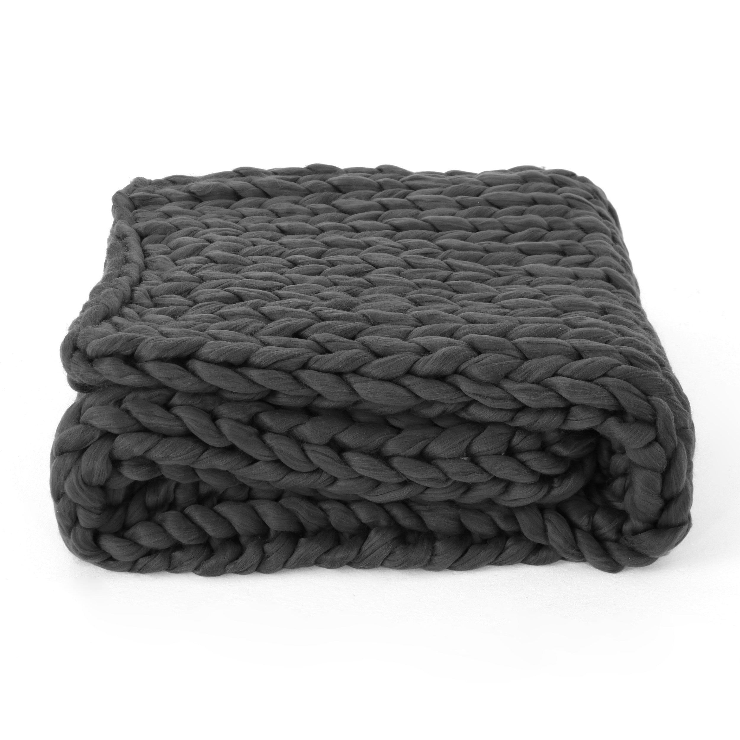 Cozy Knitted Acrylic Throw Blanket with Double Sided Design in Dark Grey, 50x60 Inches