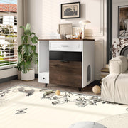 Cat Litter Box Enclosure, Indoor Hidden Cat Litter Box Furniture with 2 Drawers and Door, Cat House End Table for Living room, White and Brown
