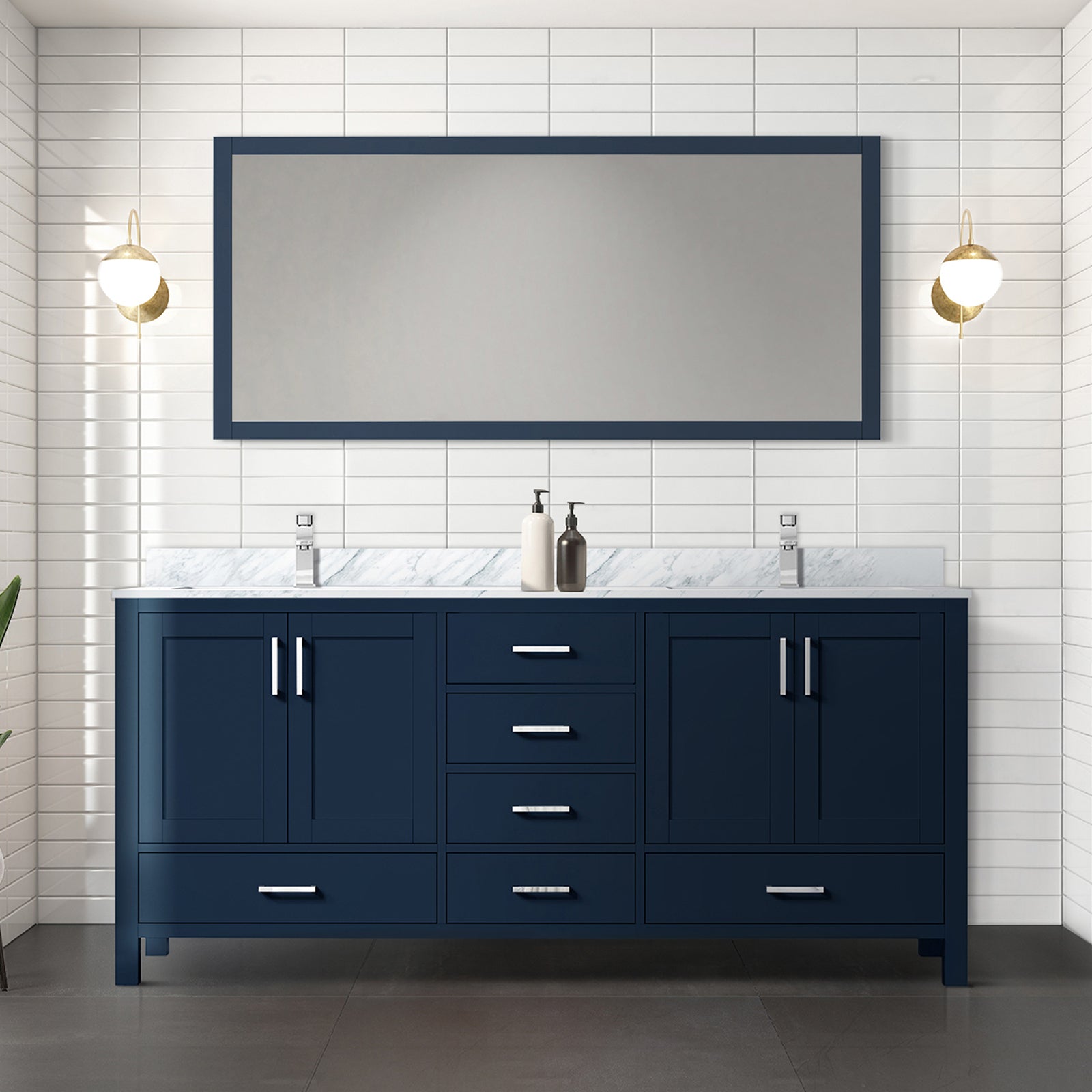 Navy Blue Double Bath Vanity 72 in. W x 22 in. D, Carrara Marble Top, and Faucet Set