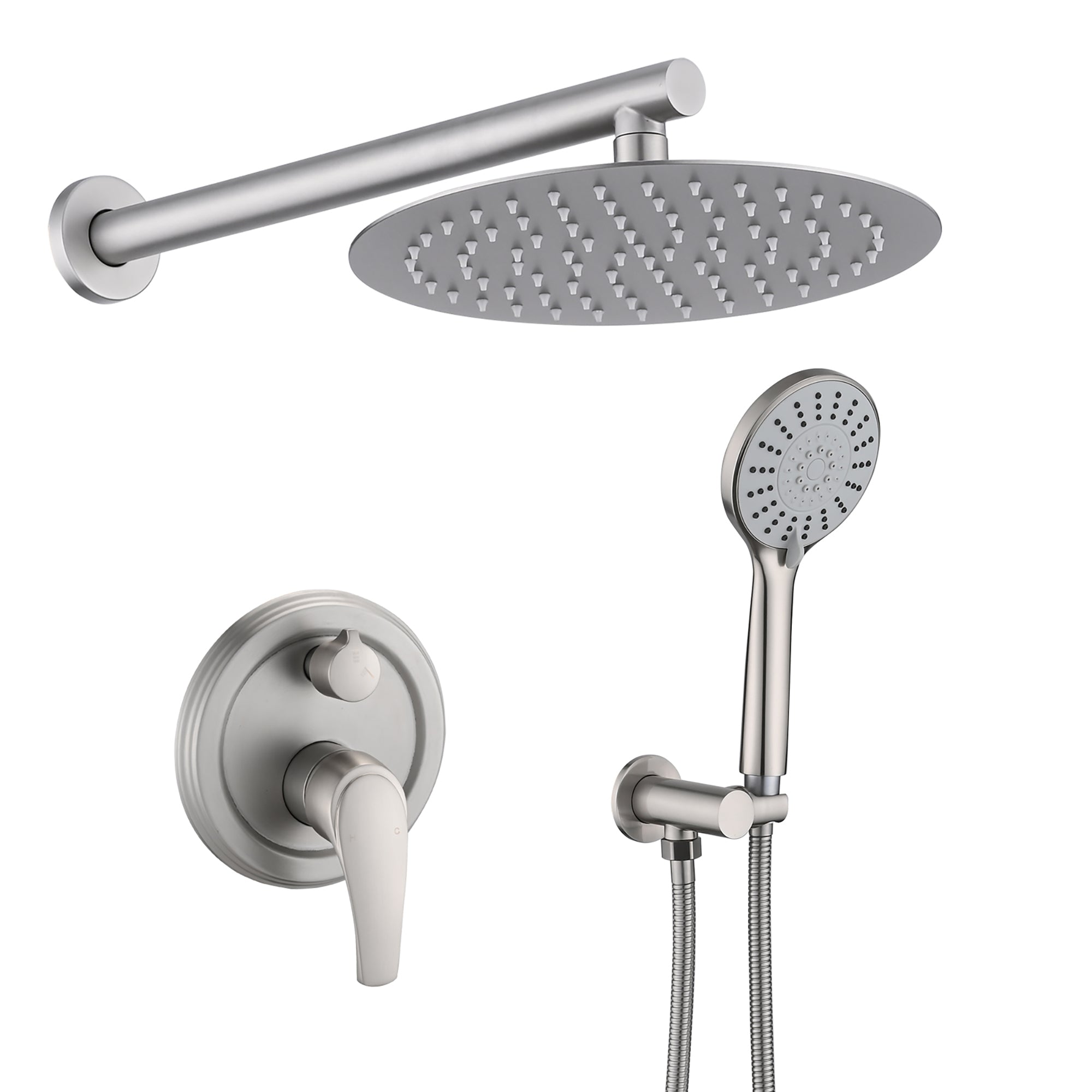 Brushed Nickel Wall Mounted Shower Set with High Pressure 10 Inch Rain Shower Head and 5-Function Handheld Shower Head