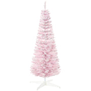 HOMCOM 5' Snow Flocked Artificial Pencil Christmas Tree, Slim Xmas Tree with Realistic Branches and Plastic Base Stand for Indoor Decoration, Pink