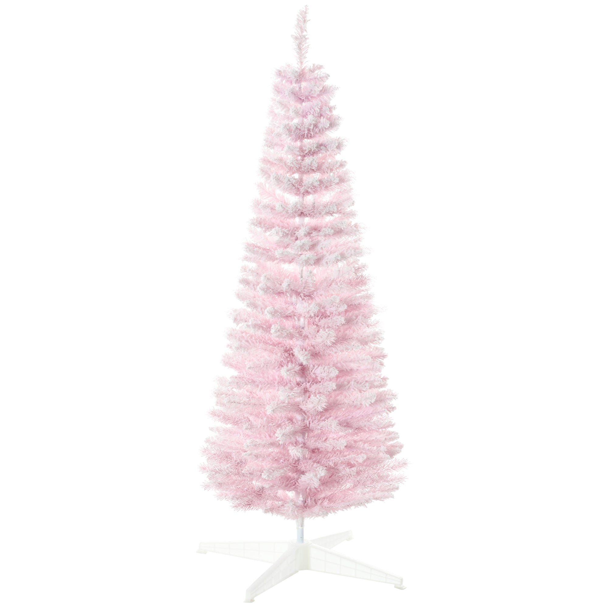HOMCOM 5' Snow Flocked Artificial Pencil Christmas Tree, Slim Xmas Tree with Realistic Branches and Plastic Base Stand for Indoor Decoration, Pink