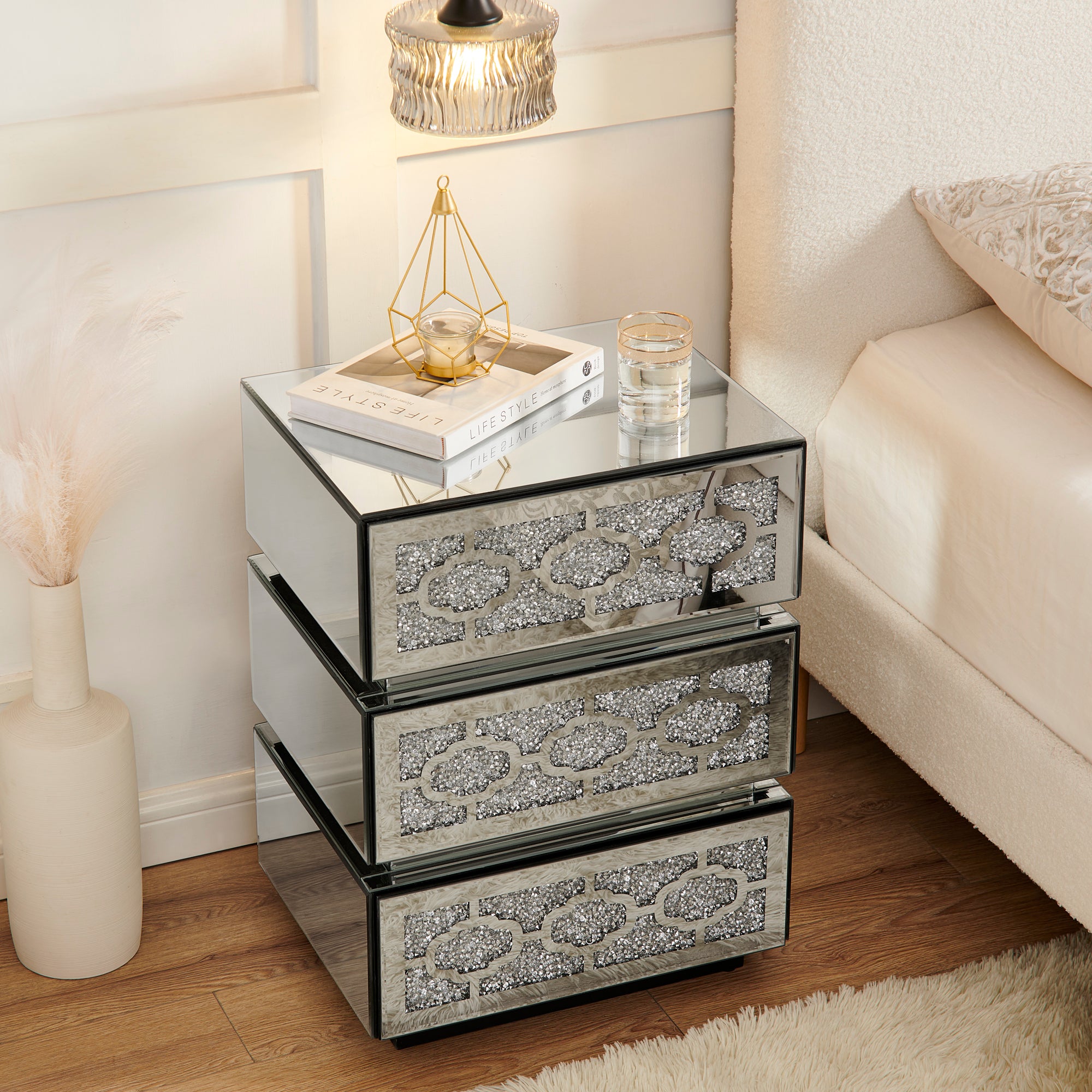 Mirrored Bedside Nightstand, Modern Side Table with 3 Drawers, Silver Accent End Table with Crushed Diamonds for Bedroom, Dorm and Living Room, 17.7'W x 13.8'D x 23.6'H