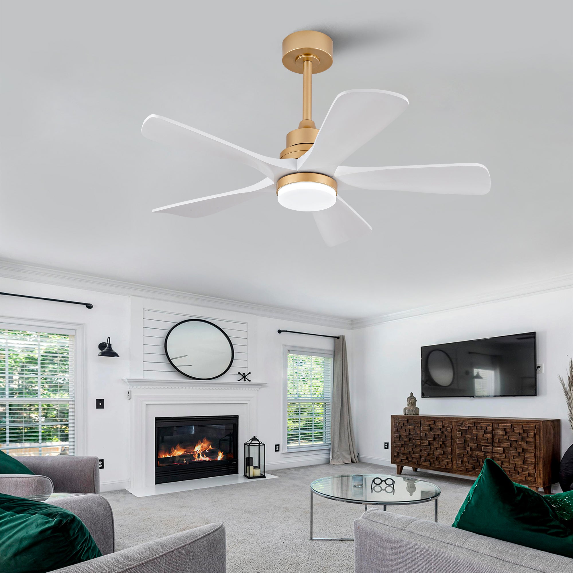 Hot sales 42 Inch Indoor Ceiling Fan With Dimmable LED Light 5 Solid Wood Blades Remote Control Reversible DC Motor