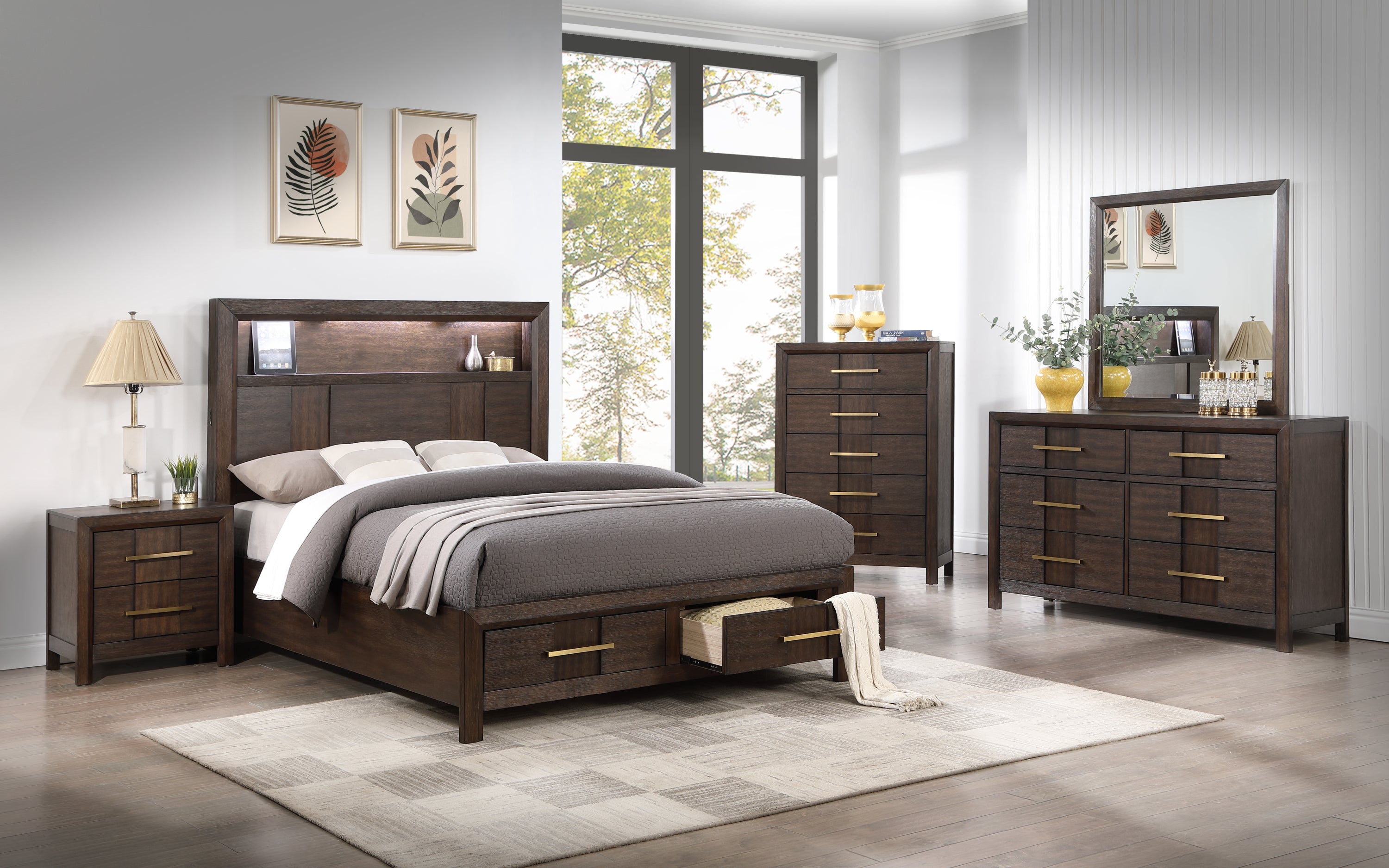 KENZO Modern Style King 5PC Storage Bedroom Set Made with Wood, LED Headboard, Bluetooth Speakers & USB Ports - Walnut(NJ INVENTORY)