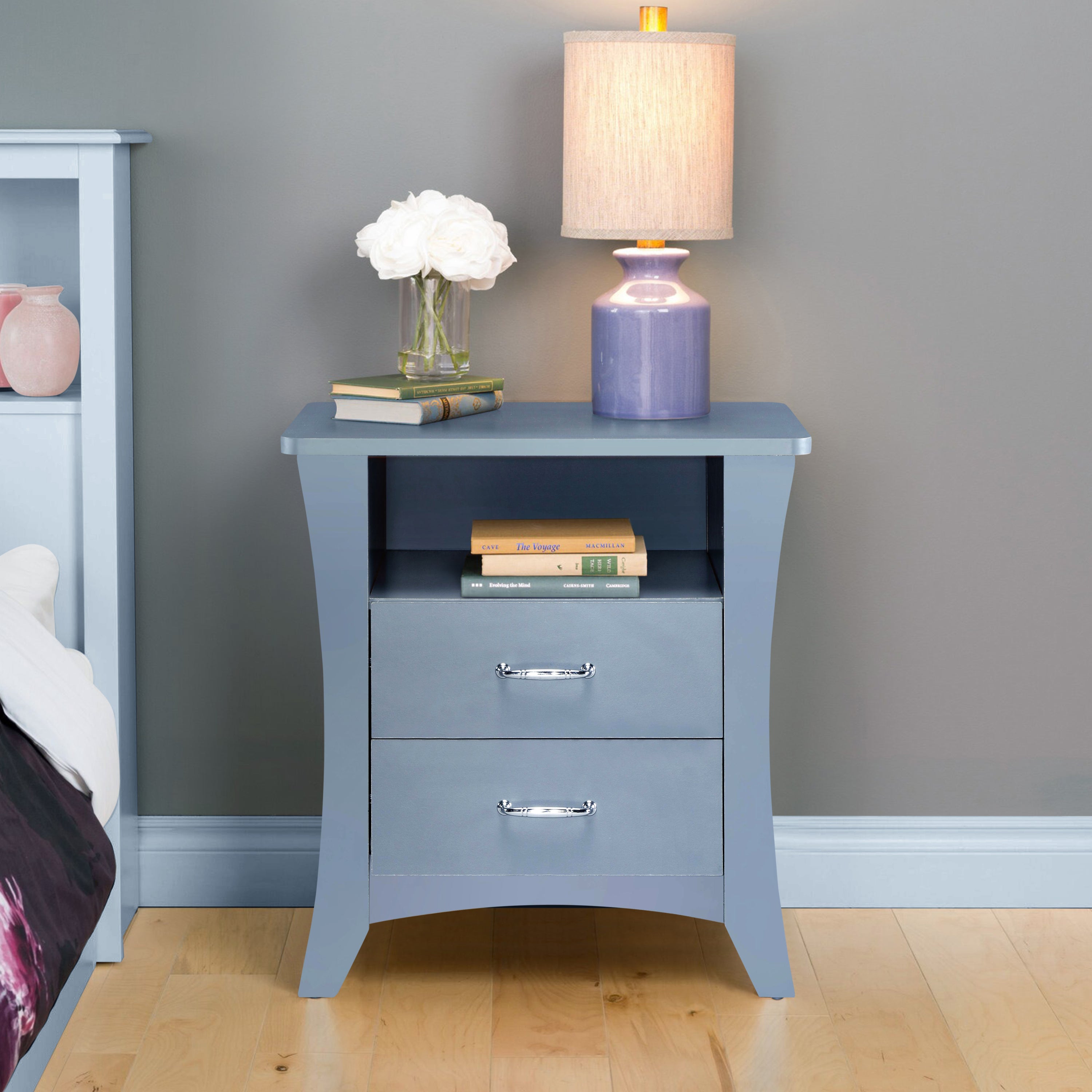 Grey Nightstand with 2 Drawers and Open Shelving