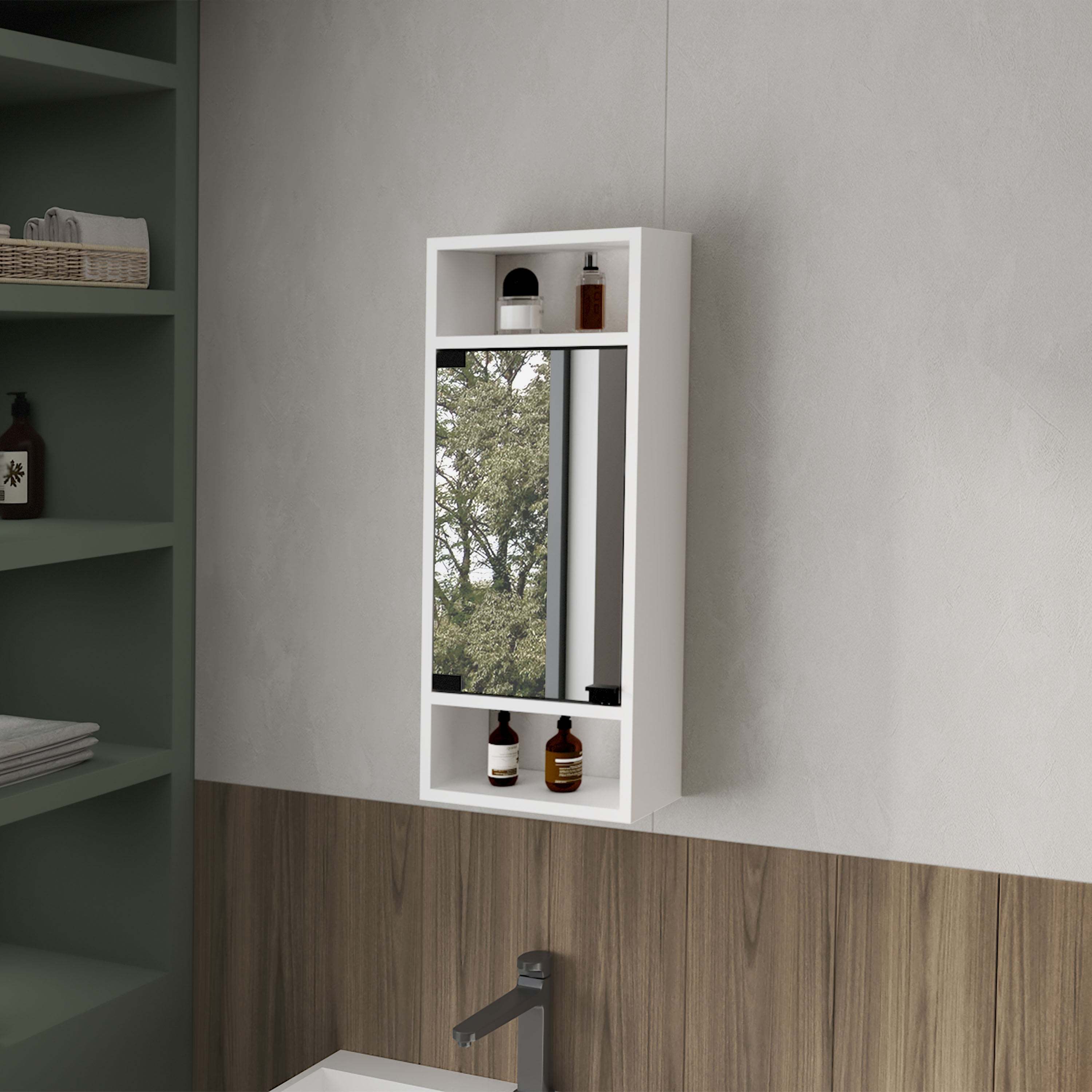 White Medicine Cabinet with Mirrored Door and Open Storage