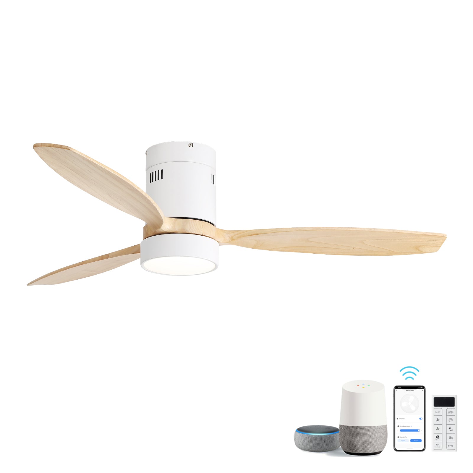 52 inch Reversible DC Motor Ceiling Fan with Light Kit, 3 Solid Wood Blades in Natural Finish, 18W LED Tri-color Dimmable with Memory Function, Matte White