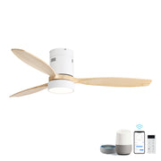 52 inch Reversible DC Motor Ceiling Fan with Light Kit, 3 Solid Wood Blades in Natural Finish, 18W LED Tri-color Dimmable with Memory Function, Matte White