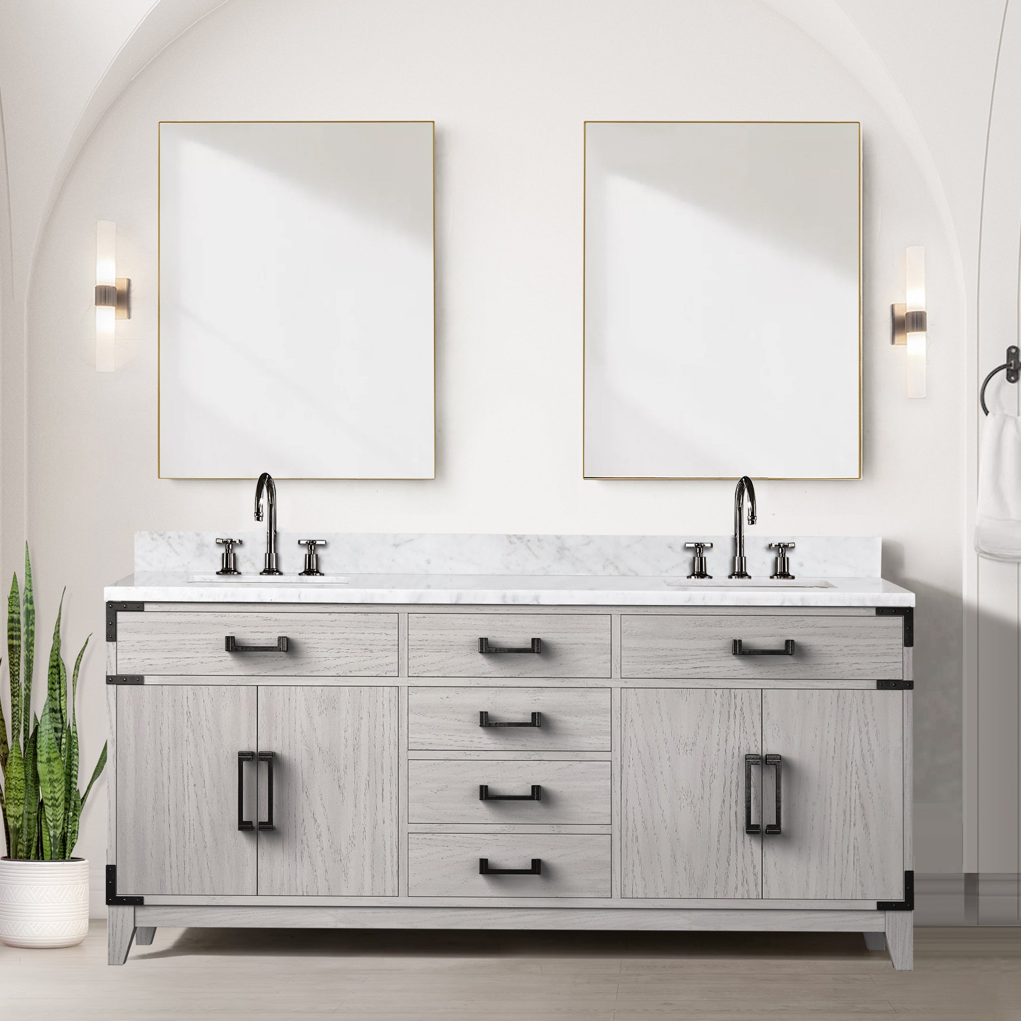 White Oak Double Bath Vanity 72 in. W x 22 in. D, Carrara Marble Top, and Faucet Set