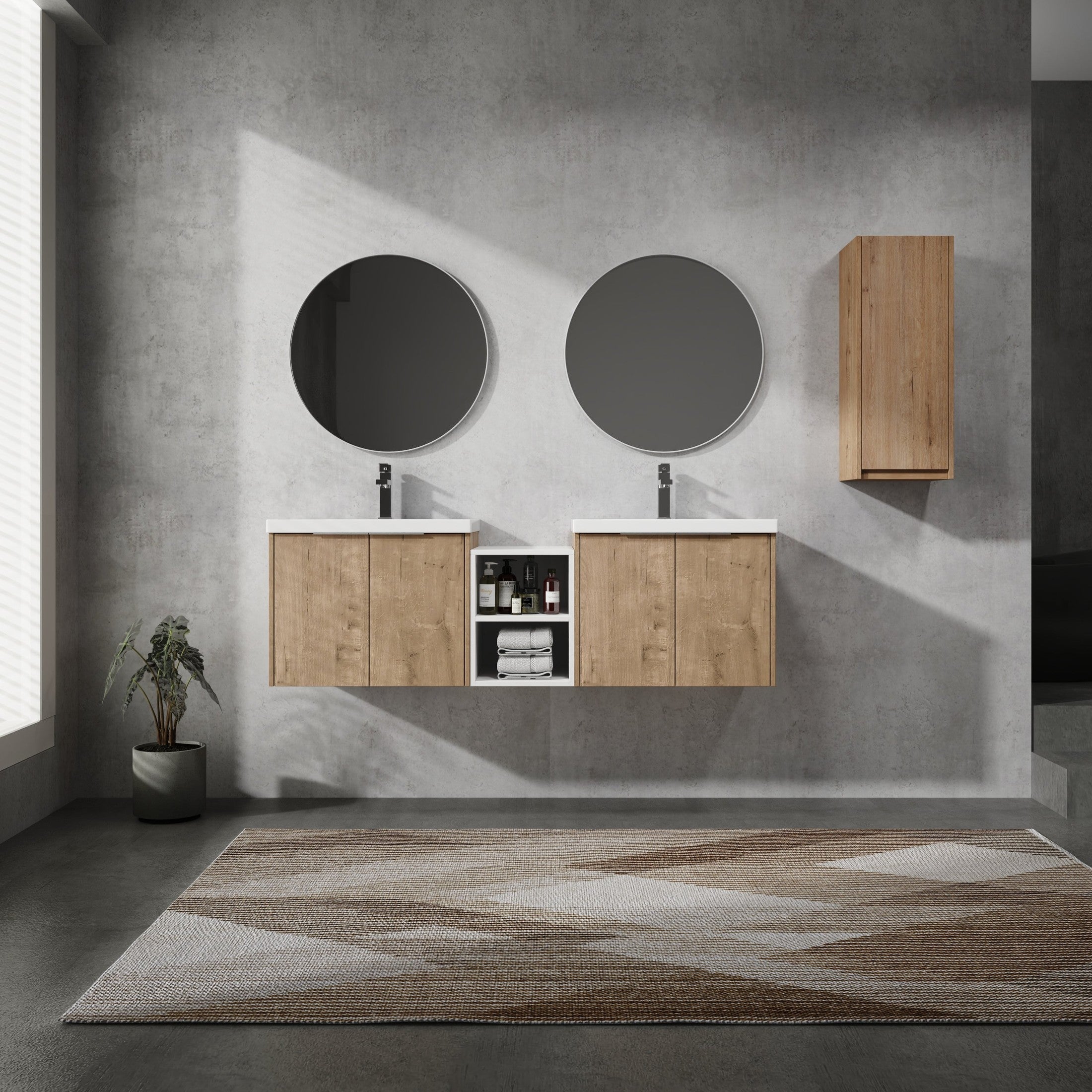 60' Wall-Mounted Bathroom Vanity With Sink and Side Cabinet, Soft Close Doors,00112IMOx1-0624IMOx2-0612GWH Combination Cabinet(KD-Packing)