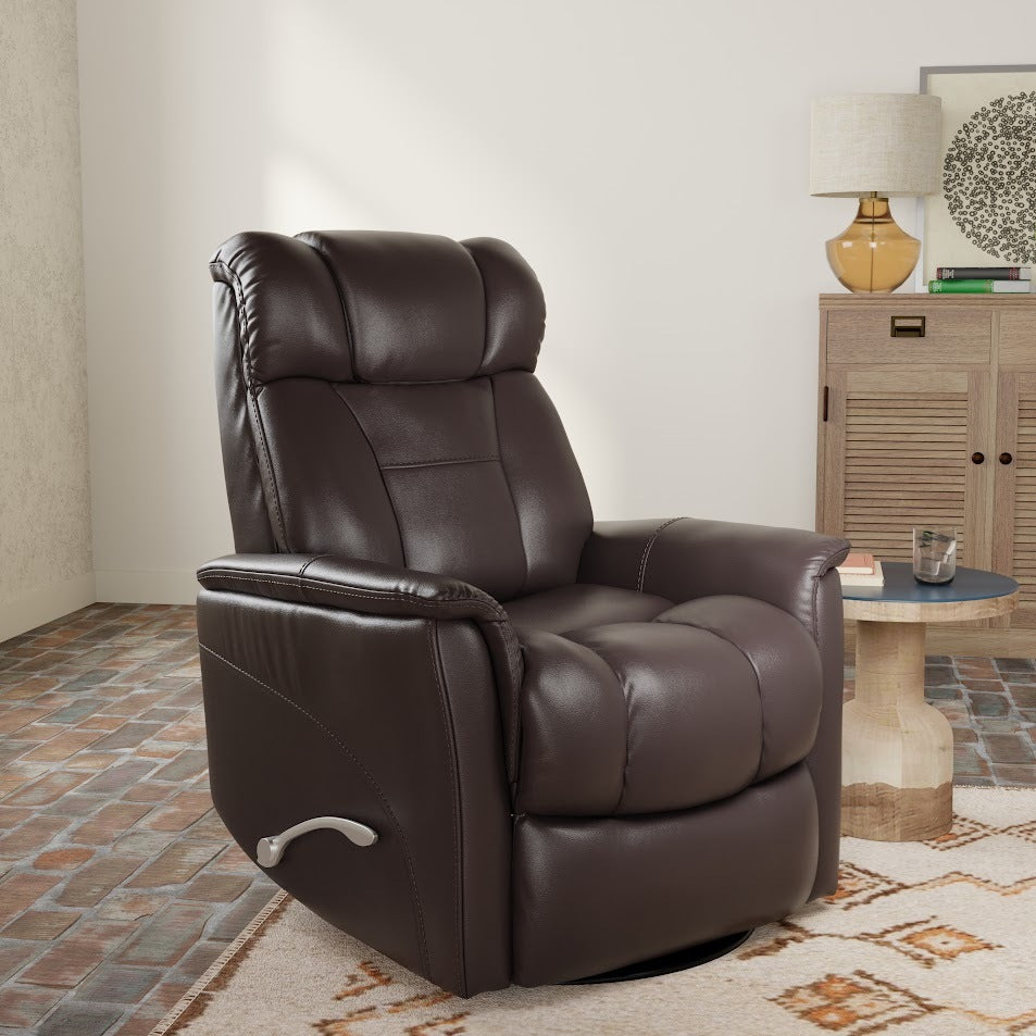 Global Home Swivel Glider Recliner with Manual Adjustable Headrest & Footrest In Faux Leather Bentley Dark Brown