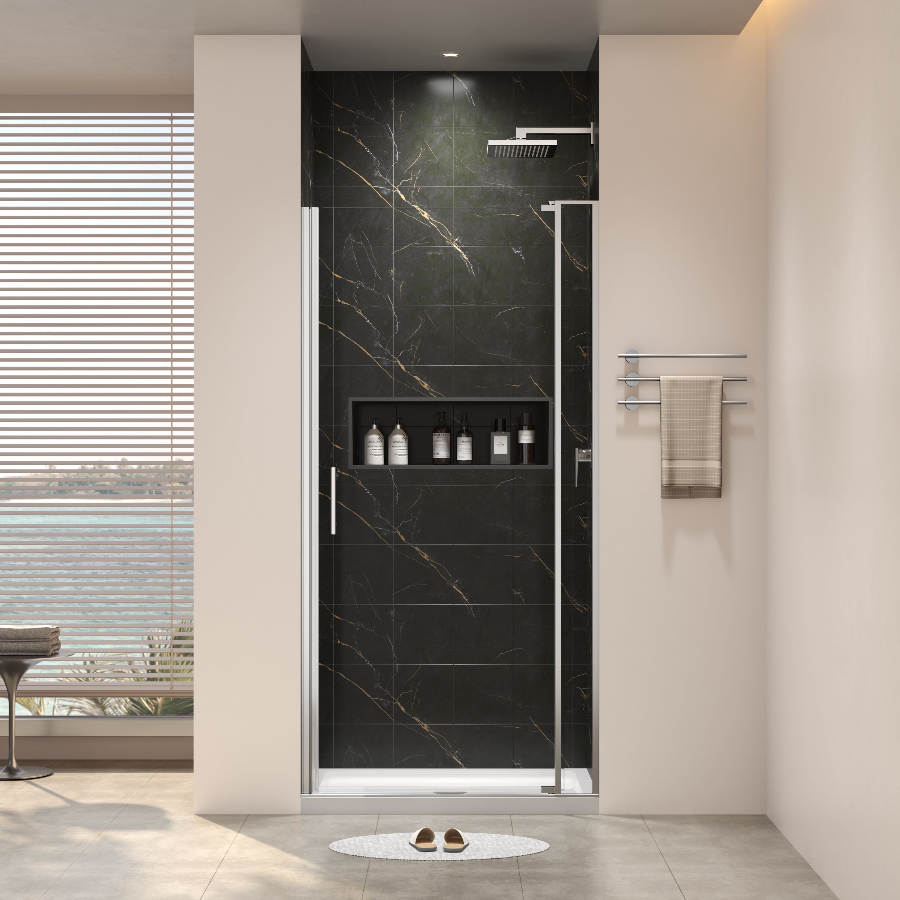 28-32'W X 72'H left and right opening universal pivot shower door, open outside, with 1/4' and 5/16' tempered glass and Brushed Nickel finish
