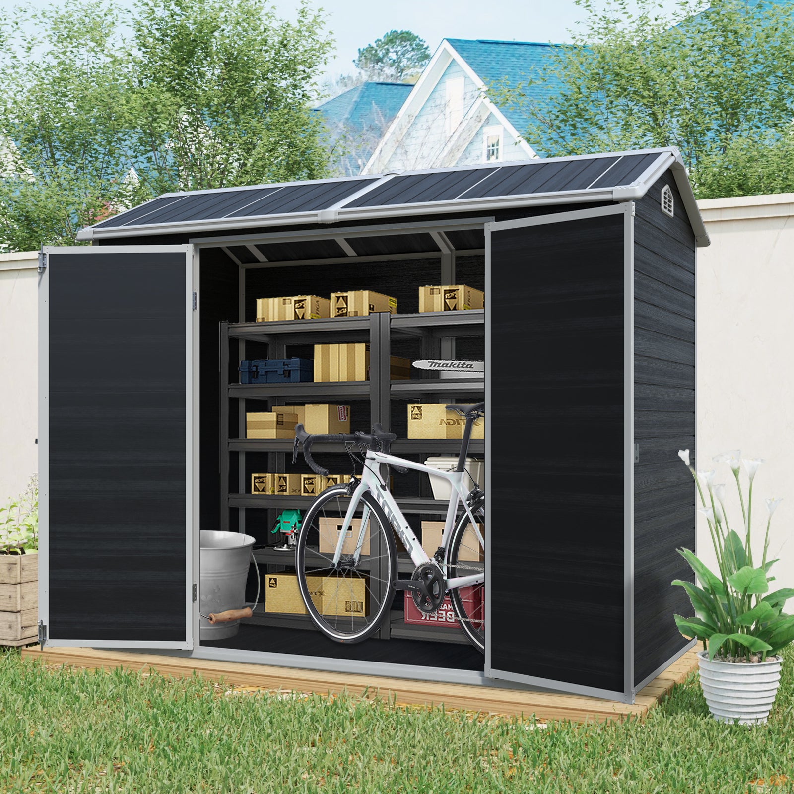 8 ft x 4 ft Outdoor Storage Shed with Two-Window and Double-Door, Plastic Shed with Floor for Gargen,Patio,Yard,Lawn,Black (W540S00046)