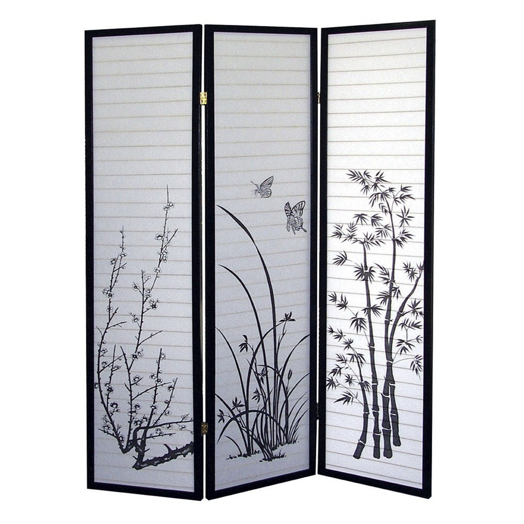 70' Tall 3-Panel Screen / Room Divider, Floral Design with Black finish