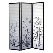 70' Tall 3-Panel Screen / Room Divider, Floral Design with Black finish