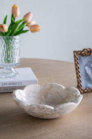 D10x3' Cream Marble Bowl with Scalloped Design and Subtle Gold Detailing